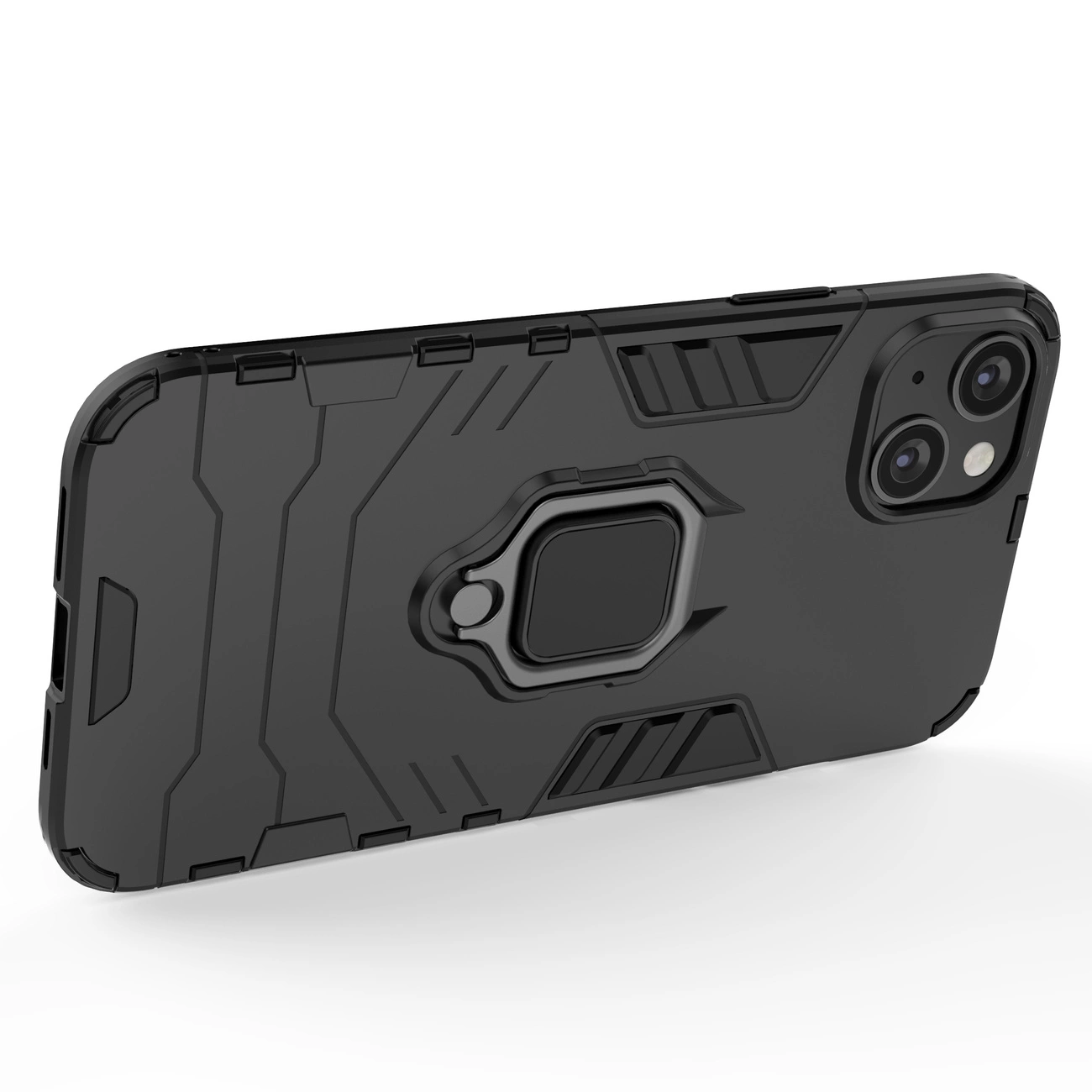 Czarne etui ochronne z geometrycznym wzorem i wbudowanym uchwytem magnetycznym na tylnej części. Widoczne są dwa otwory na aparaty fotograficzne telefonu.