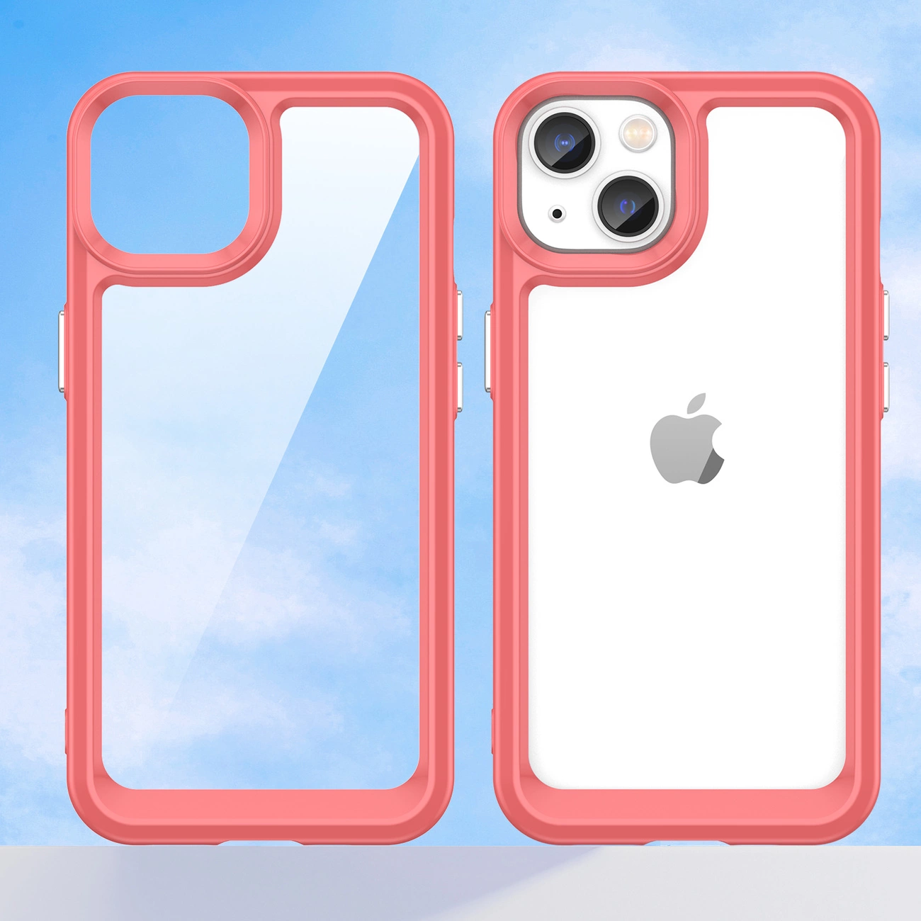 Obraz przedstawia czerwone etui na telefon z przezroczystym tyłem i żelową ramką. Na etui widoczne jest logo w kształcie nadgryzionego jabłka.