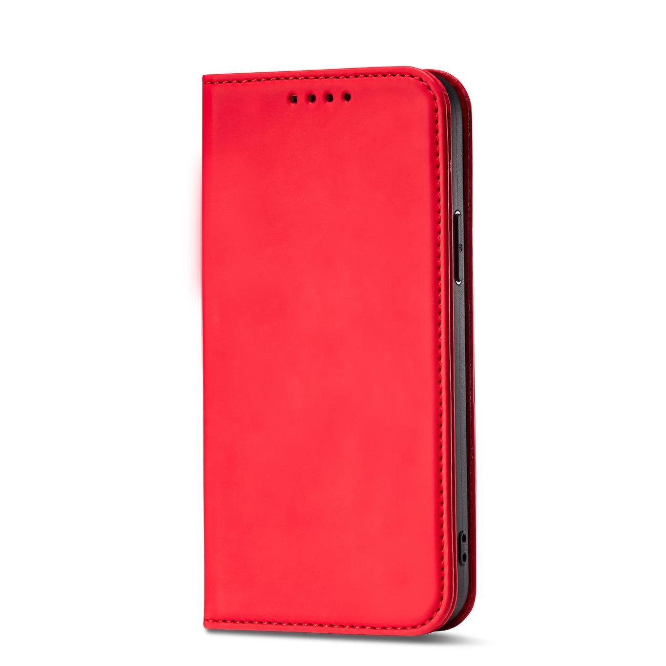 Czerwone etui z klapką, wykonane z gładkiego materiału, z widocznymi otworami na głośnik. Etui ma funkcję portfela i podstawki.