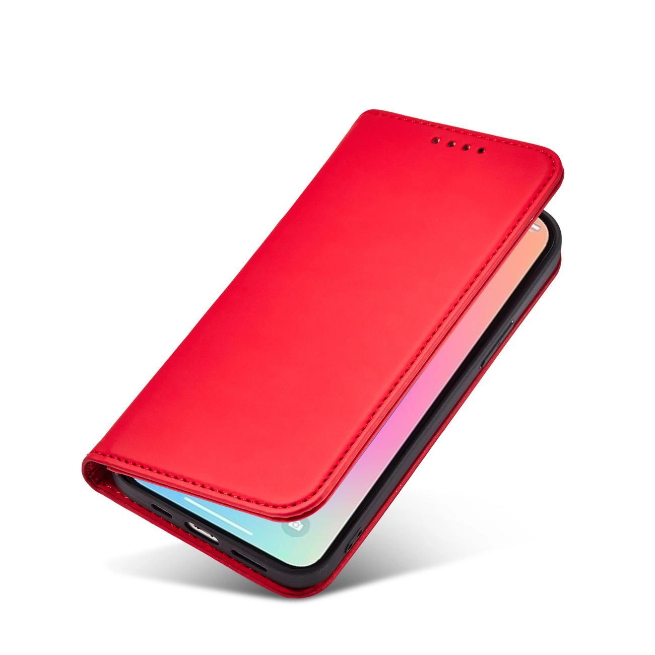 Czerwone etui na telefon z klapką, które pełni funkcję portfela i podstawki. Widać fragment telefonu z kolorowym ekranem wewnątrz etui.