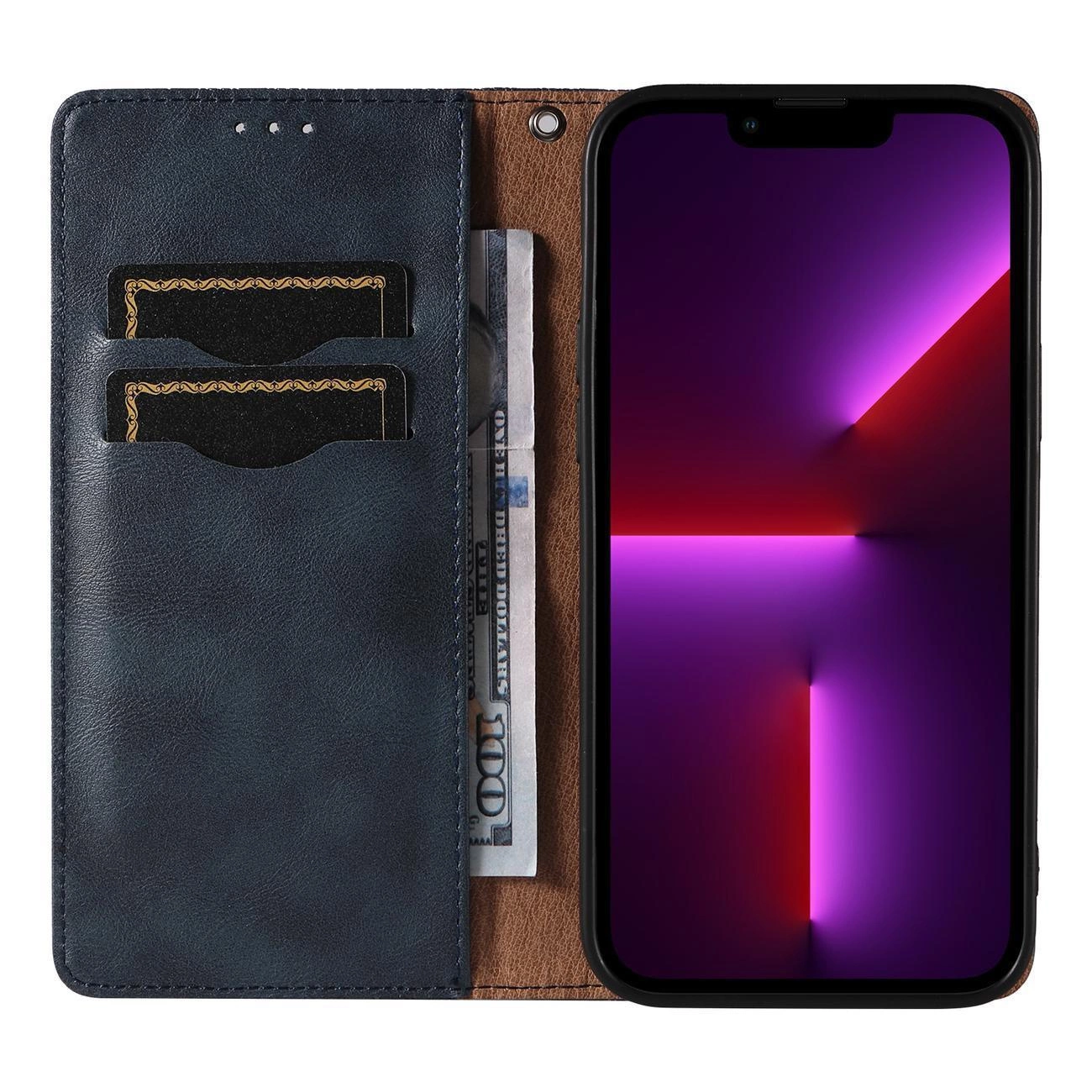 Etui na telefon z klapką w kolorze niebieskim, z miejscem na karty i banknoty. Obok znajduje się telefon z wyświetlaczem pokazującym abstrakcyjny wzór w odcieniach fioletu i czerwieni.