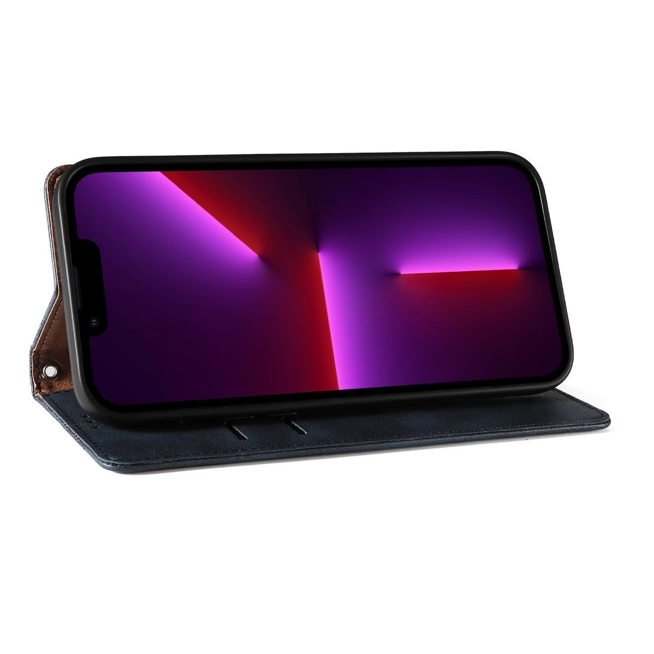Etui na telefon w kolorze niebieskim z funkcją podstawki, prezentujące ekran urządzenia z abstrakcyjną grafiką w odcieniach fioletu i czerwieni.