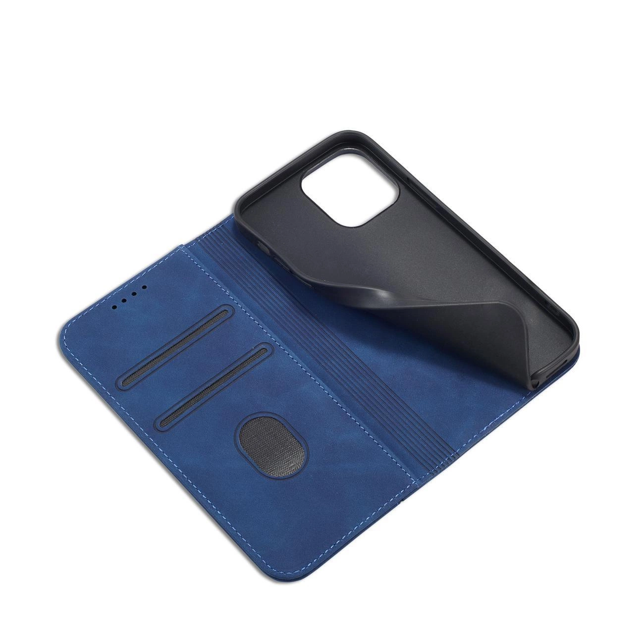Niebieskie etui na telefon z klapką, posiadające miejsce na karty oraz czarną wewnętrzną część na telefon. Etui ma również wycięcie na aparat i otwory na głośnik.