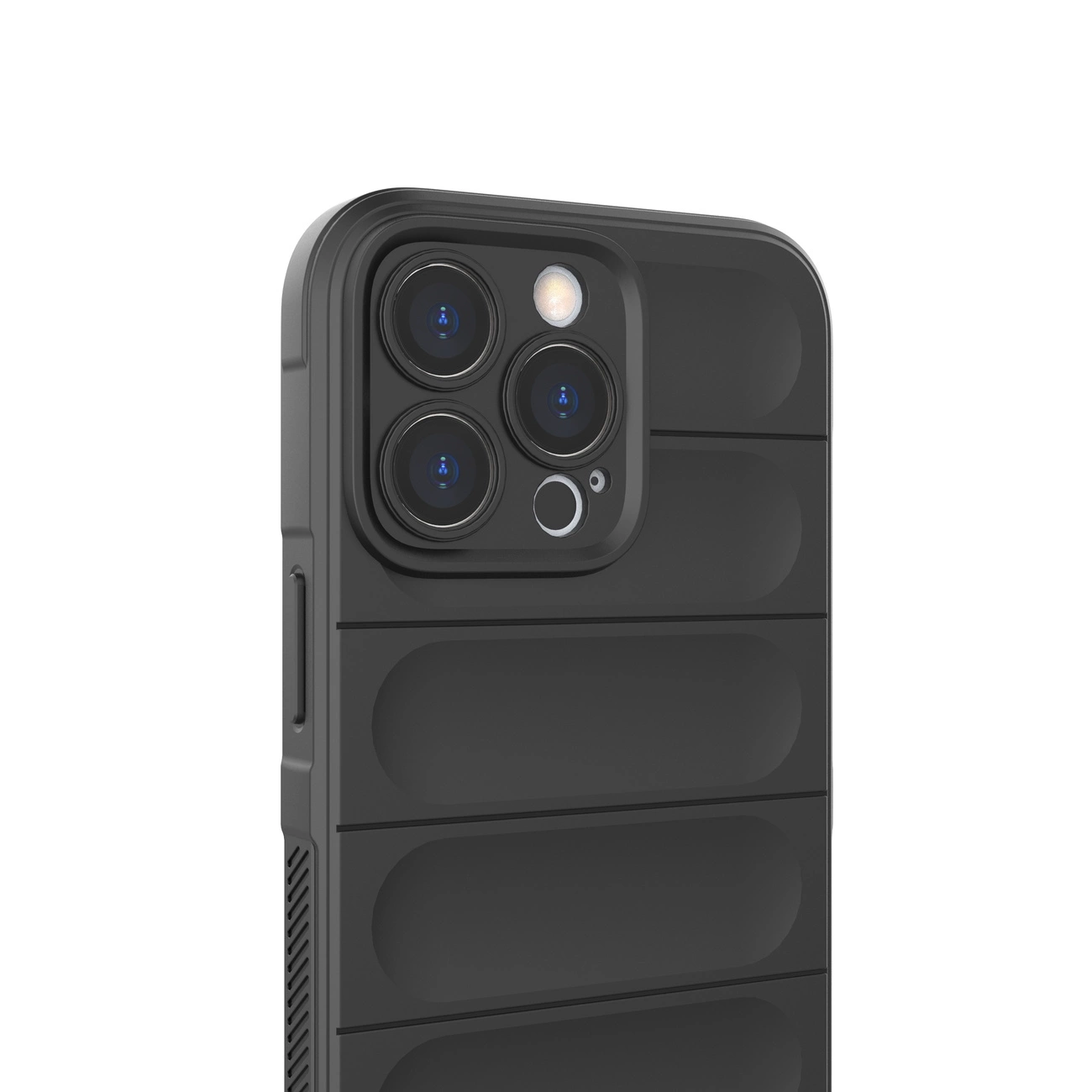 Obraz przedstawia ciemnoniebieskie etui ochronne na telefon z trzema widocznymi obiektywami aparatu i lampą błyskową. Etui ma wyraźne, poziome żłobienia na powierzchni.