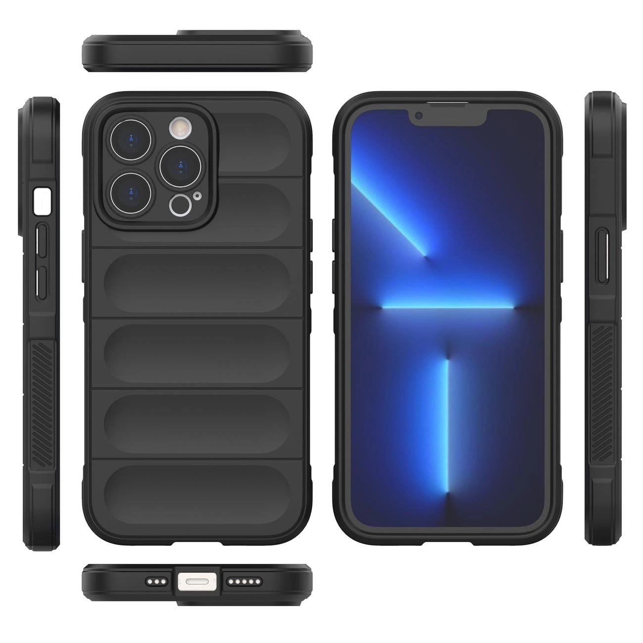 Obraz przedstawia czarne, elastyczne etui ochronne na iPhone 13 Pro Max z widocznymi wycięciami na aparat i porty. Etui ma pancerne wykończenie z poziomymi żłobieniami na tylnej części.