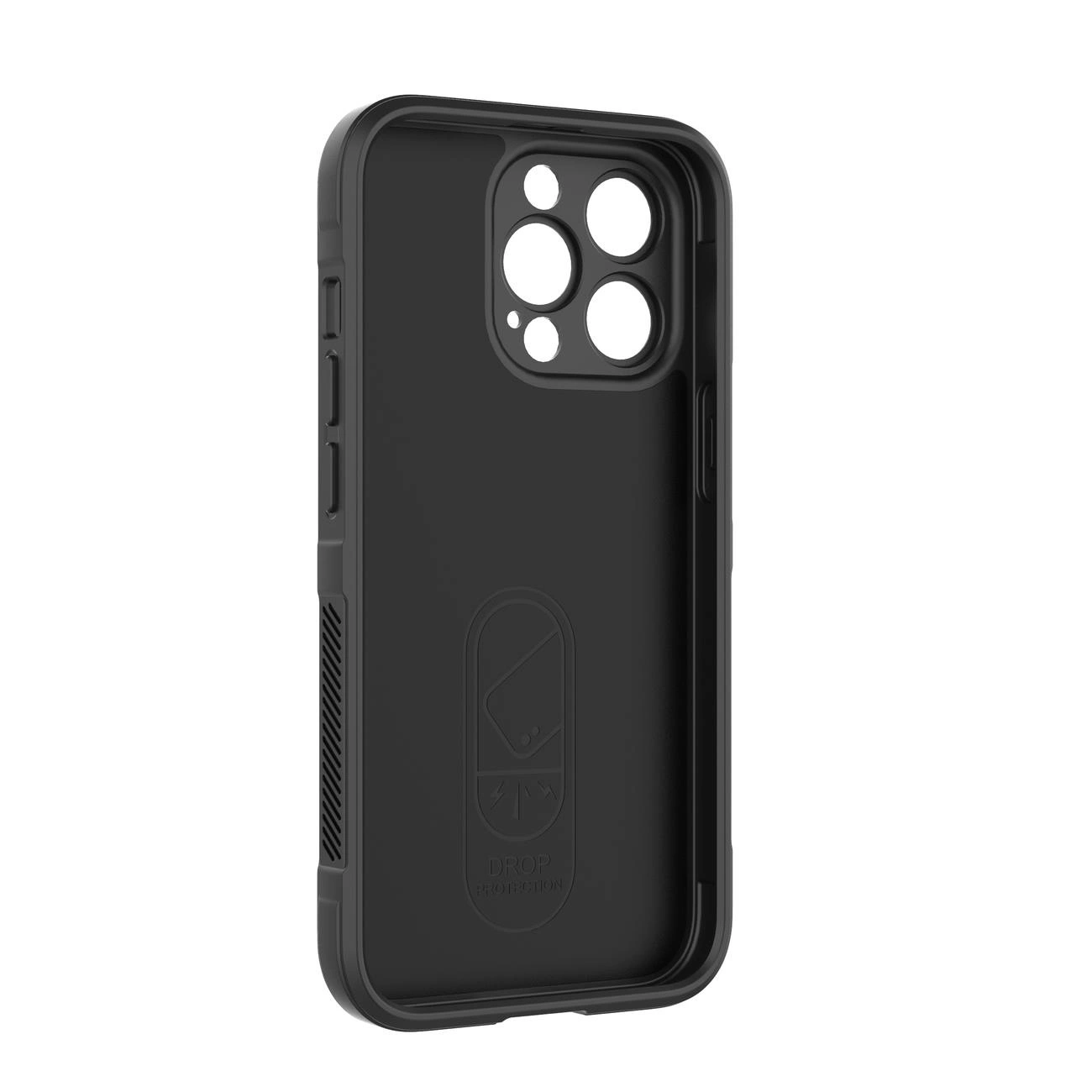 Czarne etui ochronne z wycięciami na aparat i przyciski, posiada napis \'DROP PROTECTION\'.