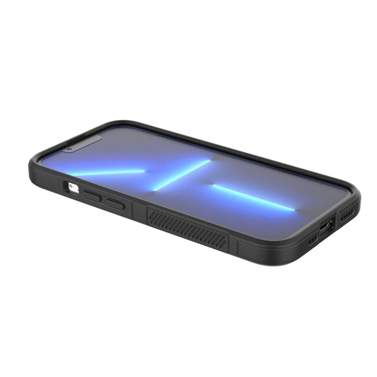 Czarny, elastyczny pokrowiec na telefon z widocznymi przyciskami i otworami na porty. Na ekranie telefonu widoczny jest niebieski wzór w kształcie litery \'X\'.