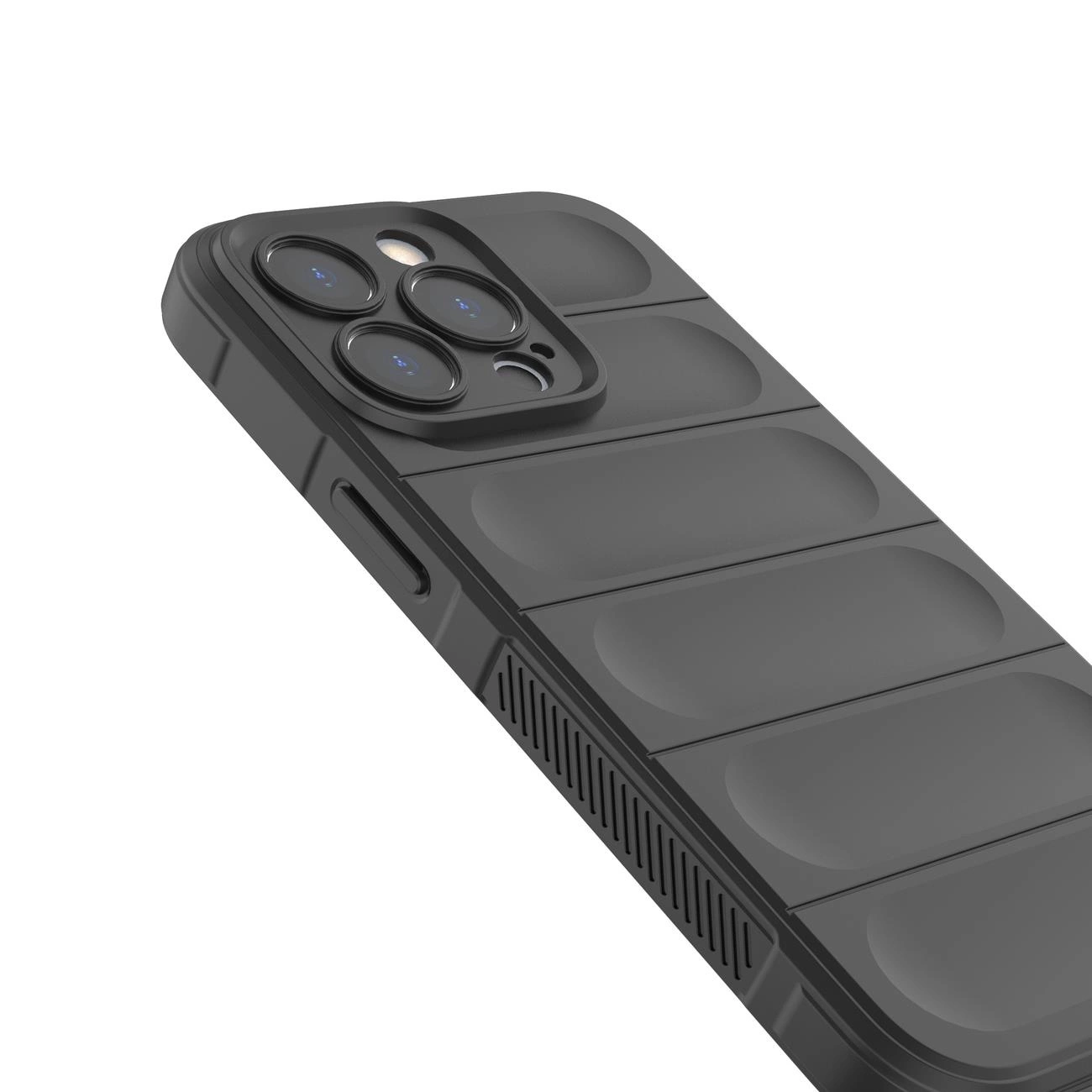 Czarne etui ochronne na telefon z trzema otworami na aparaty i jednym na lampę błyskową. Powierzchnia etui ma wypukłe, prostokątne segmenty.