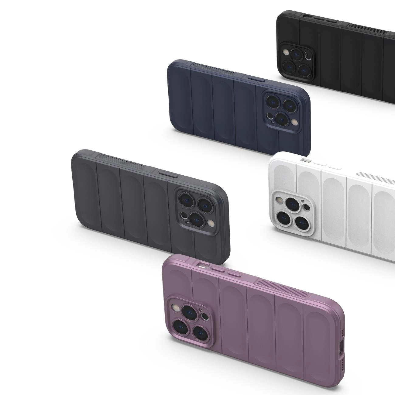 Na obrazie widoczne są etui na telefon w różnych kolorach: czarnym, granatowym, białym, szarym i fioletowym. Etui mają pancerne, żebrowane wykończenie i otwory na aparat.