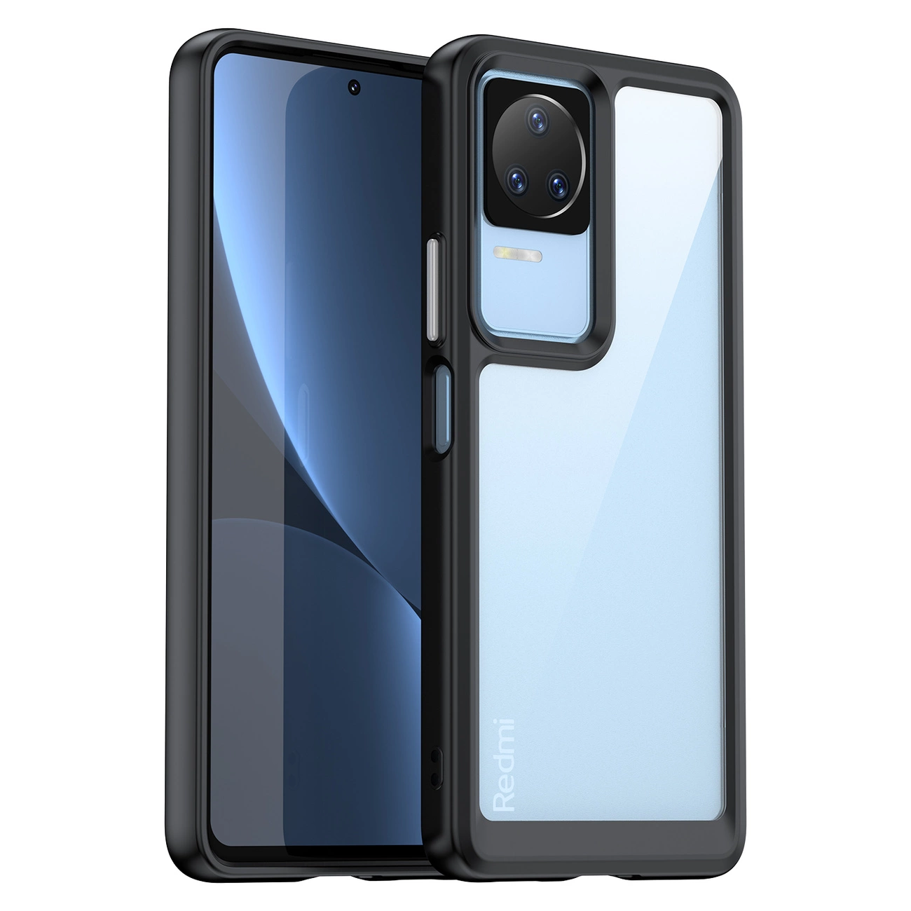 Na obrazie widoczny jest telefon w czarnym etui z przezroczystym tyłem, z trzema obiektywami aparatu i napisem \'Redmi\'.
