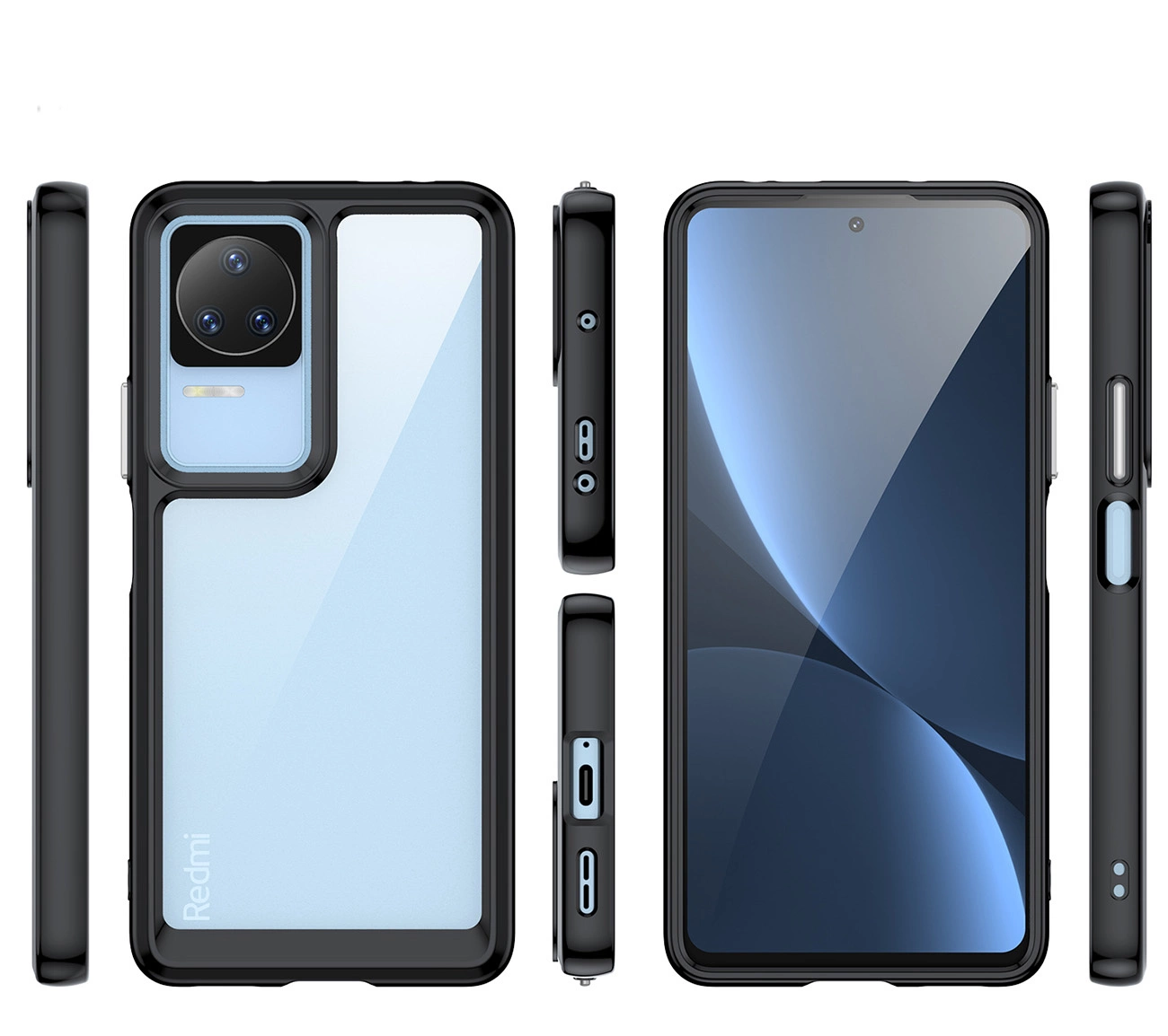 Obraz przedstawia niebieskie etui na telefon z elastyczną ramką, widoczne z różnych perspektyw. Na etui znajduje się napis \'Redmi\'.