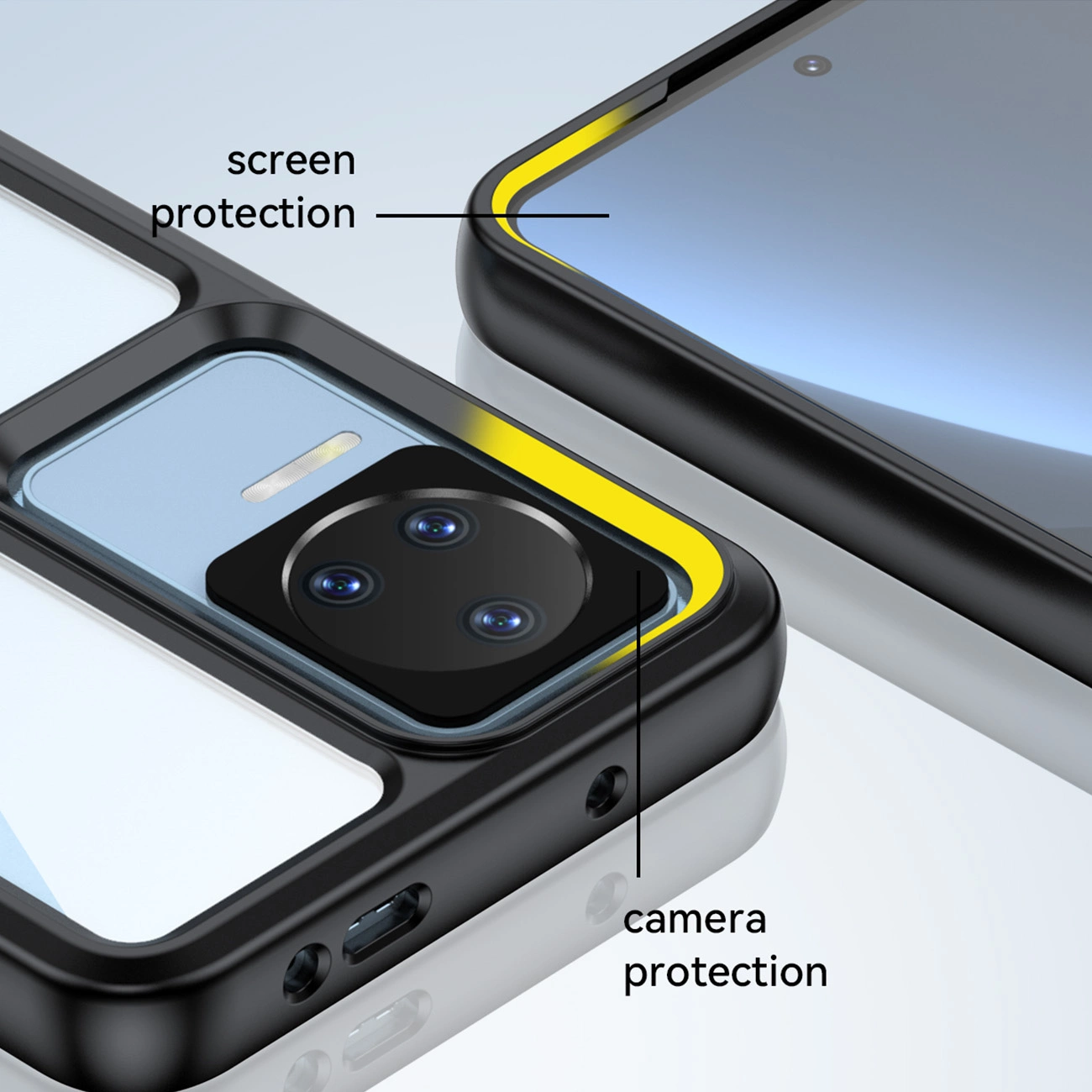Obraz przedstawia dwa fragmenty etui na telefon z elastyczną ramką w kolorze niebieskim. Na etui widoczne są napisy: \'screen protection\' i \'camera protection\'.
