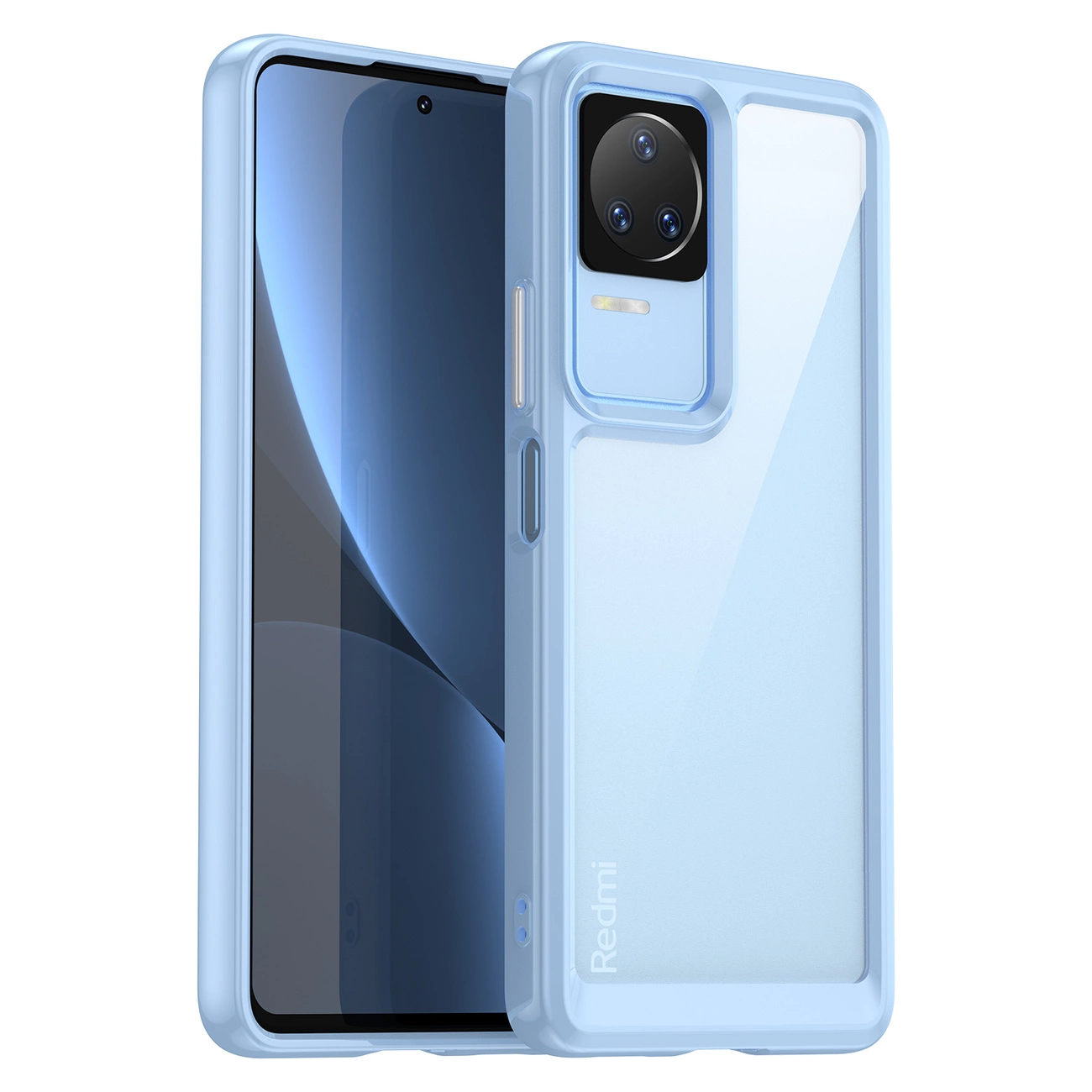 Na zdjęciu widoczny jest niebieski pokrowiec na telefon z elastyczną ramką, z wycięciem na aparat. Na pokrowcu znajduje się napis \'Redmi\'.