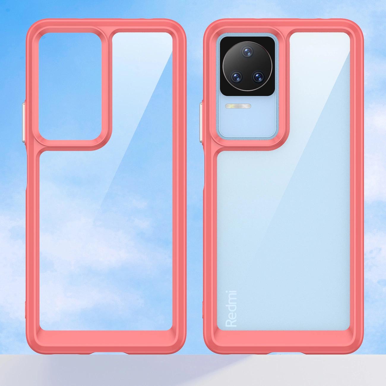 Obraz przedstawia przezroczyste etui na telefon z elastyczną, czerwoną ramką. Na etui widoczny jest napis \'Redmi\'.