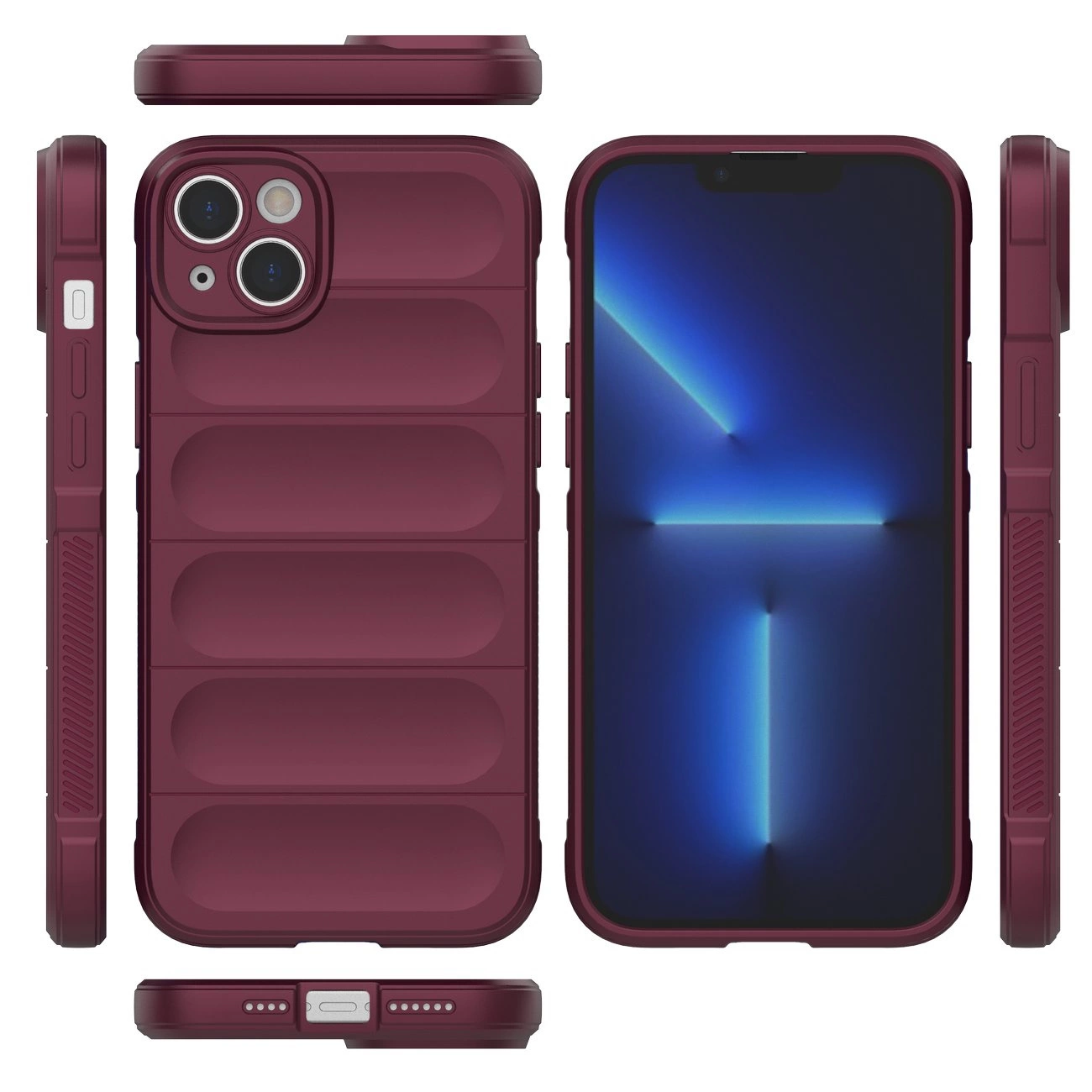 Burgundowy, elastyczny pokrowiec ochronny na iPhone 14 Plus z widocznymi wycięciami na aparat i porty. Pokrowiec ma pancerne wykończenie z wypukłymi elementami na tylnej części.