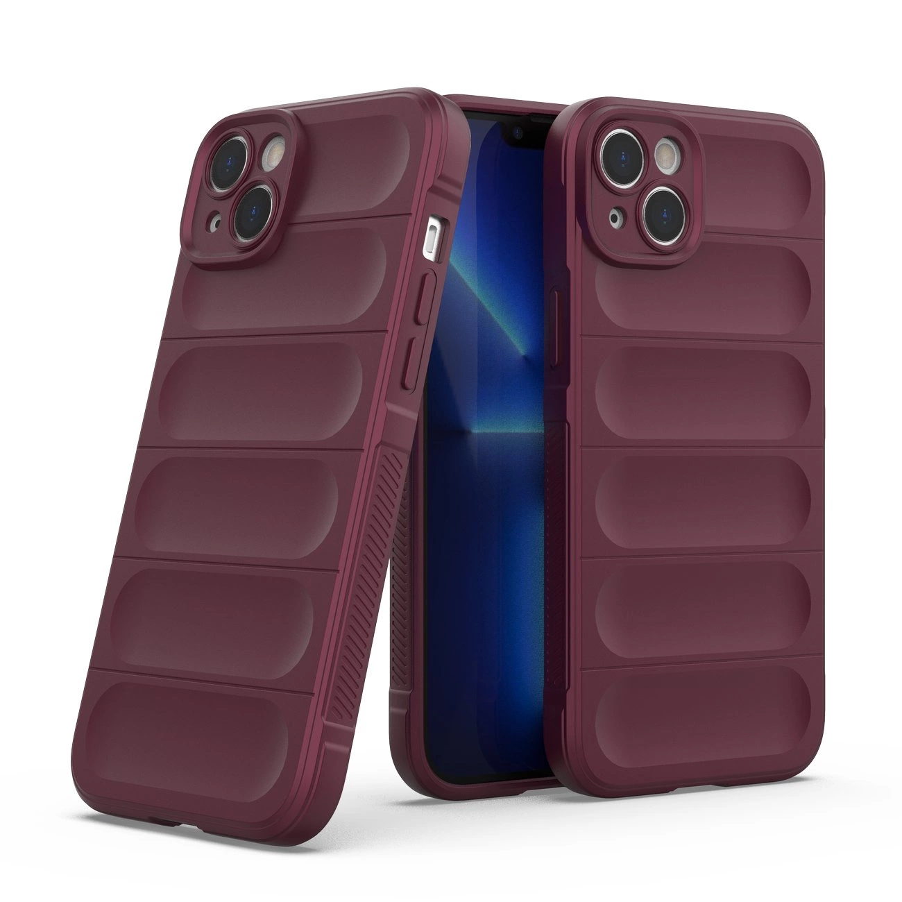 Na obrazie widoczne są dwa burgundowe etui na telefon z wyraźnymi, poziomymi wypukłościami. Etui są przeznaczone do iPhone 14 Plus i mają otwory na aparat oraz przyciski boczne.
