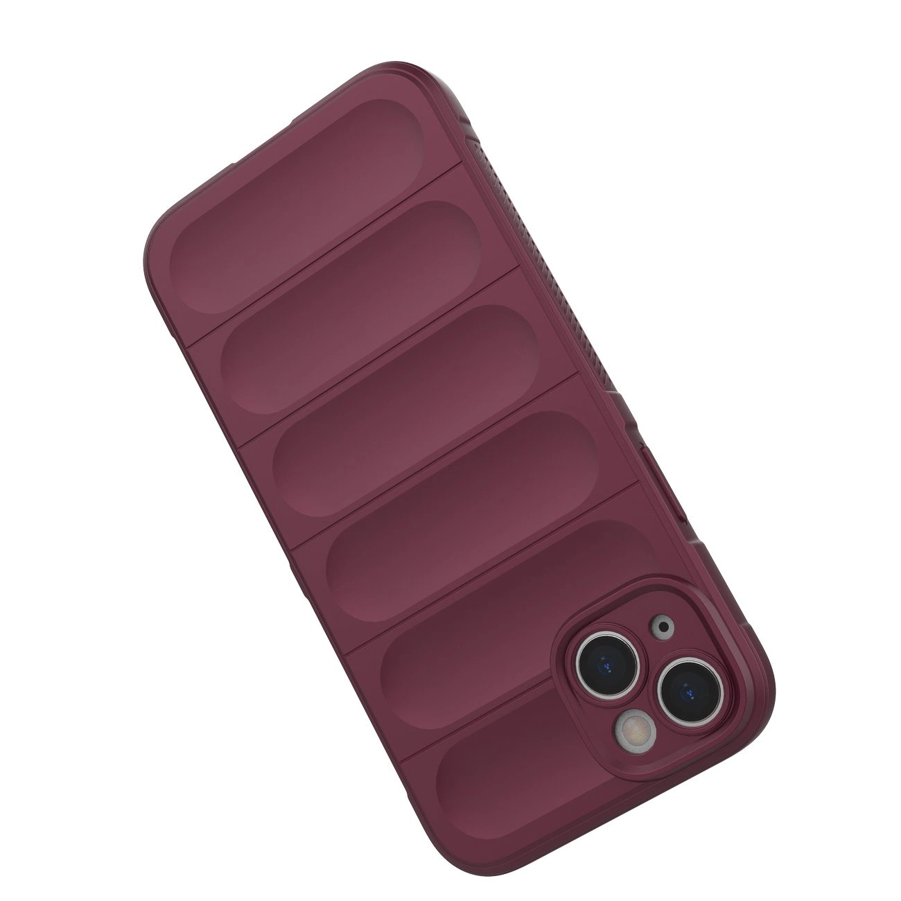 Burgundowe etui na telefon z wyraźnymi, poziomymi żłobieniami i otworami na aparat. Etui ma solidny, pancerny wygląd.