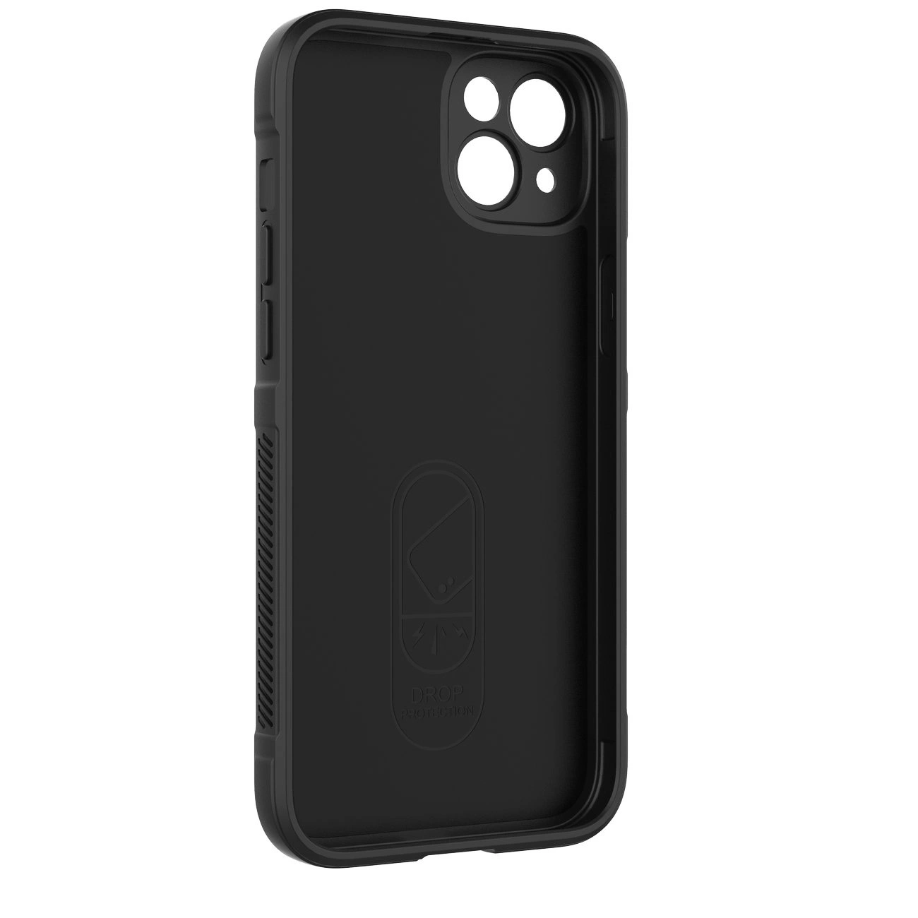 Ciemnoniebieskie etui na telefon z trzema otworami na aparat i tekstem \'DROP PROTECTION\' na wewnętrznej stronie. Etui ma teksturowane boki dla lepszego chwytu.