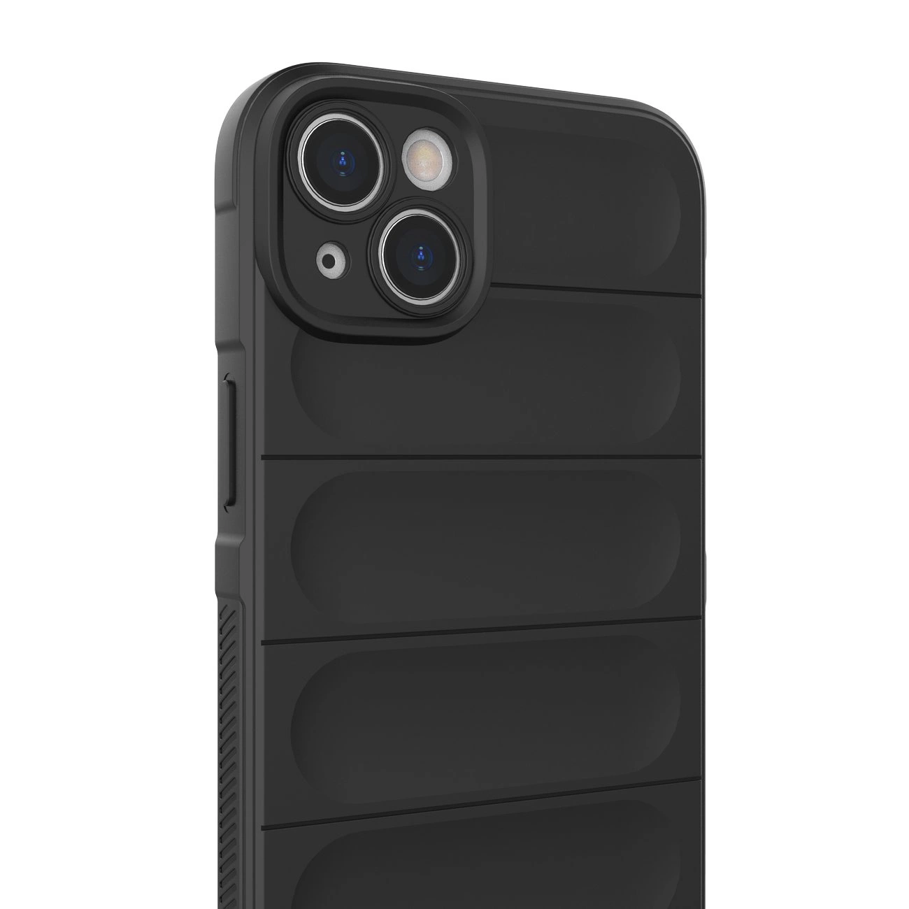 Obraz przedstawia ciemnoniebieskie etui na telefon z widocznymi wycięciami na aparat i przyciski. Etui ma pancerne, elastyczne wykończenie z poziomymi żłobieniami.