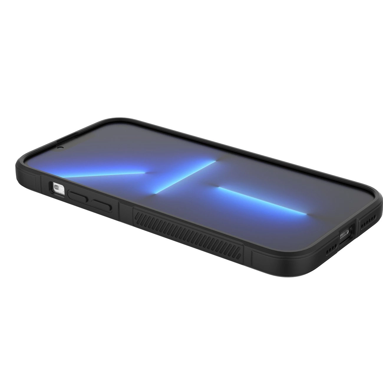 Na obrazie widoczny jest ciemnoniebieski pokrowiec na telefon z wyświetlaczem pokazującym niebieskie światło. Pokrowiec ma wycięcia na przyciski i porty.