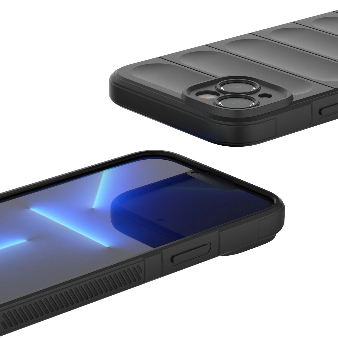 Obraz przedstawia ciemnoniebieskie etui ochronne na telefon z widocznymi wycięciami na aparat i przyciski. Etui ma teksturowaną powierzchnię i jest pokazane z dwóch perspektyw.