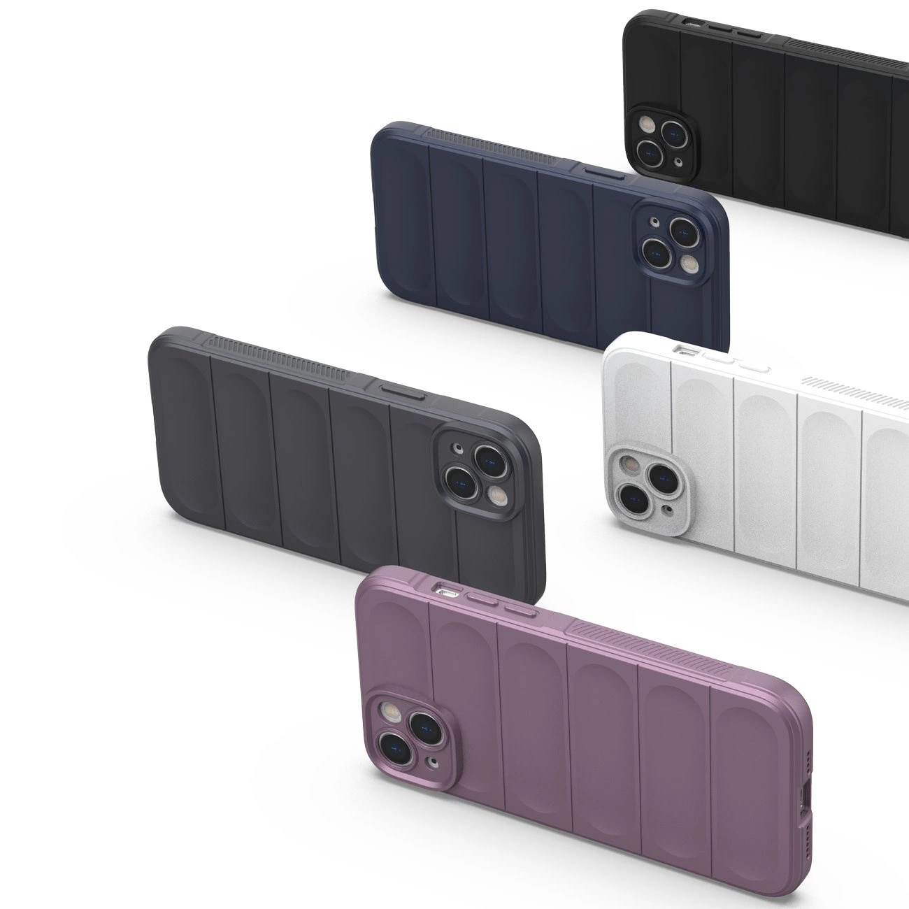 Na obrazie widoczne są różnokolorowe etui na telefon z wyraźnymi, pionowymi żłobieniami. Etui mają otwory na aparat i przyciski boczne.