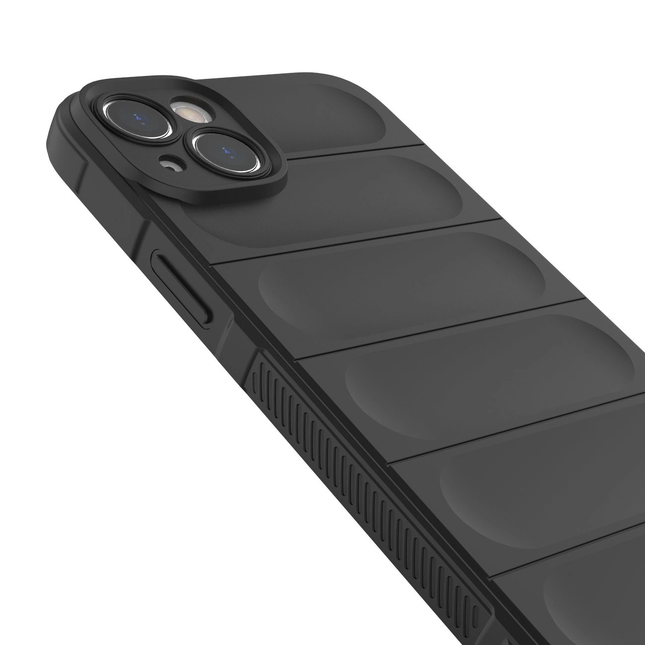 Obraz przedstawia ciemnoniebieskie etui na telefon z wyraźnymi, poziomymi wypukłościami i otworami na aparat oraz przyciski.