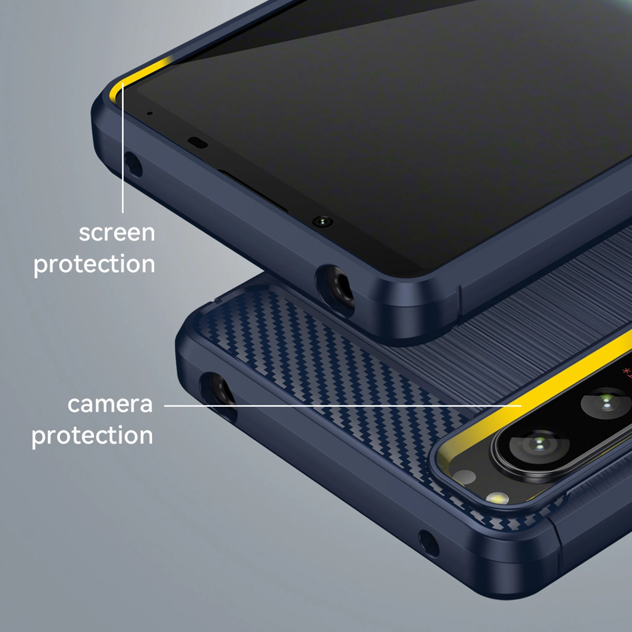 Obraz przedstawia dwa niebieskie etui na telefon z napisem \'screen protection\' i \'camera protection\'. Etui mają teksturę przypominającą włókno węglowe i są zaprojektowane do ochrony ekranu i aparatu.