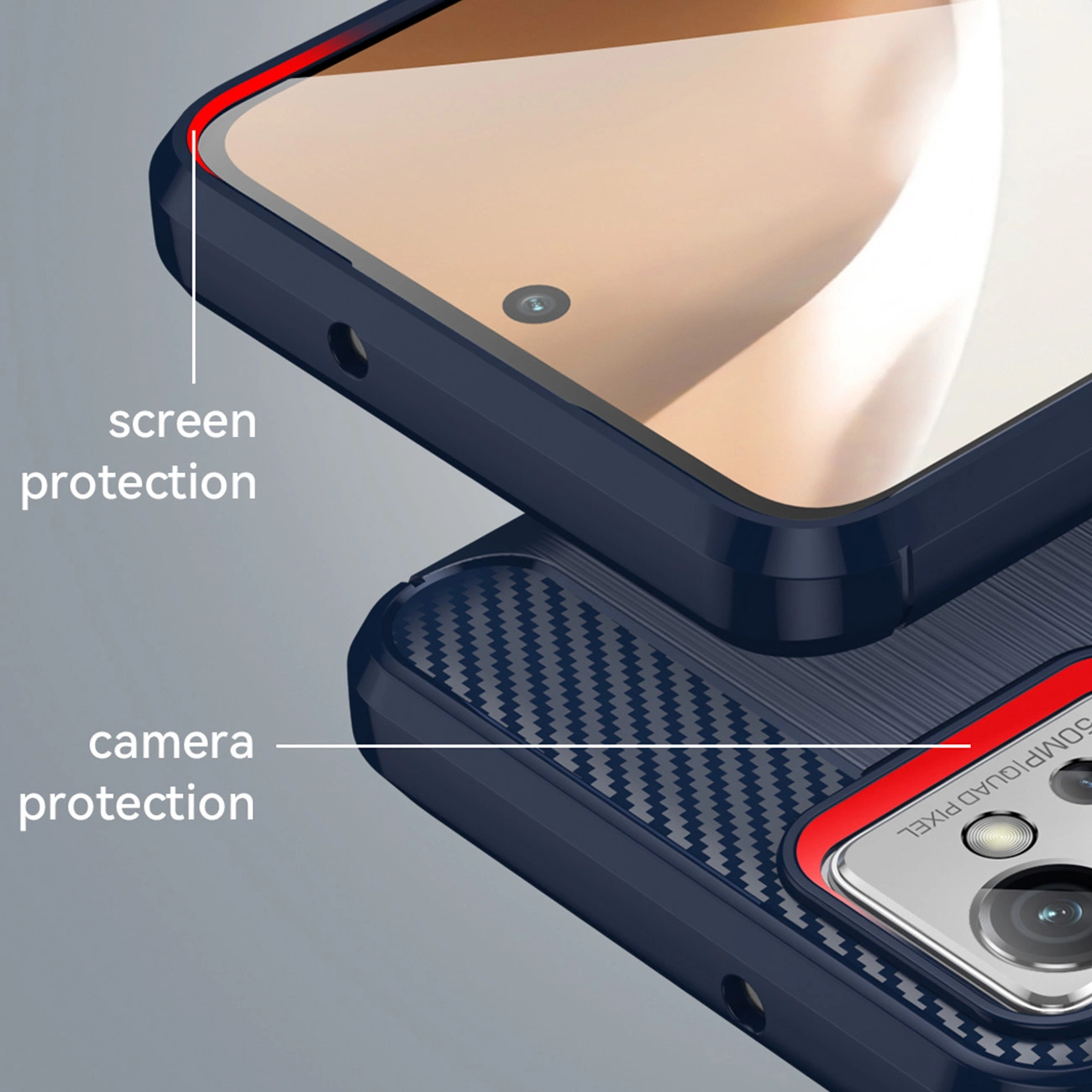 Obraz przedstawia dwa telefony w etui z karbonowym wzorem, z widocznymi napisami \'screen protection\' i \'camera protection\'. Etui ma ciemny kolor z czerwonymi akcentami wokół krawędzi i aparatu.