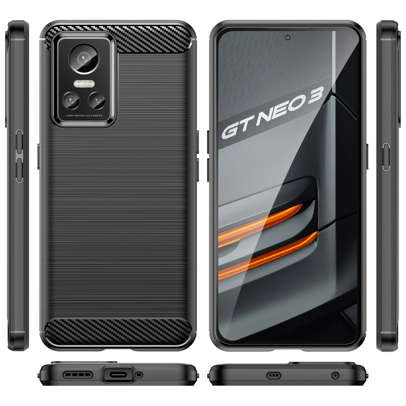 Obraz przedstawia czarne etui na telefon z teksturą karbonową, widoczne z różnych perspektyw. Na ekranie telefonu widoczny jest napis \'GT NEO 3\'.