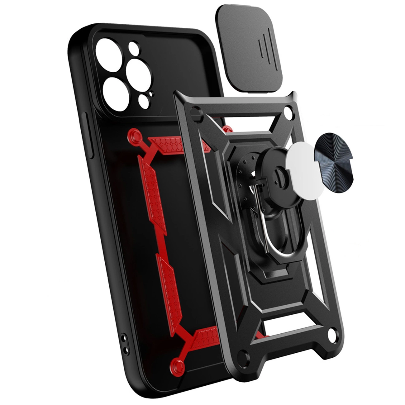 Obraz przedstawia czarne etui na telefon z czerwonymi akcentami i wbudowaną osłoną na aparat. Etui posiada również metalowy pierścień do trzymania oraz dodatkowy element ochronny.