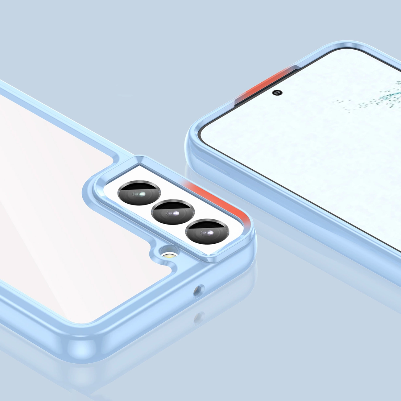 Obraz przedstawia niebieskie etui na telefon z trzema otworami na aparaty i elastyczną ramką. Etui jest pokazane z dwóch perspektyw, ukazując zarówno tylną, jak i przednią część telefonu.