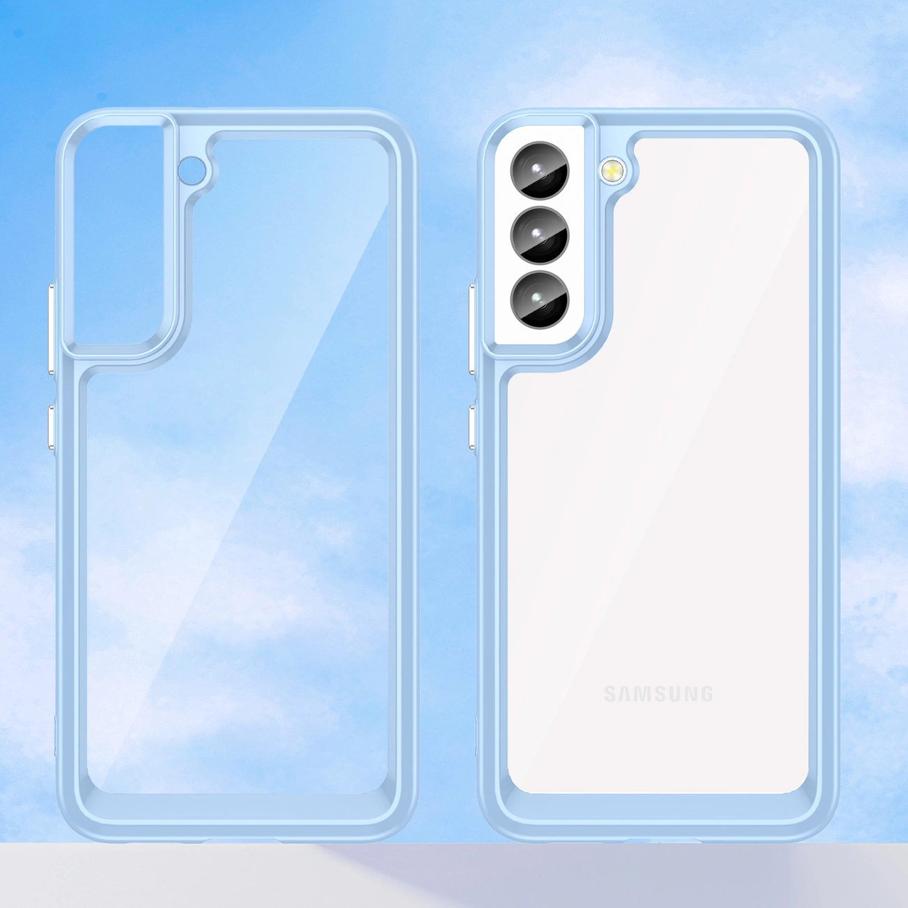 Obraz przedstawia dwa przezroczyste etui na telefon z niebieską ramką, jedno z przodu, drugie z tyłu. Na etui widoczny jest napis \'SAMSUNG\'.