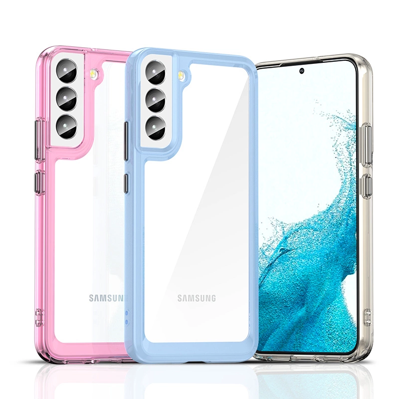 Na obrazie widoczne są trzy etui na telefon Samsung Galaxy S23 w kolorach różowym, niebieskim i przezroczystym. Każde etui ma elastyczną ramkę i wycięcia na aparat oraz przyciski.