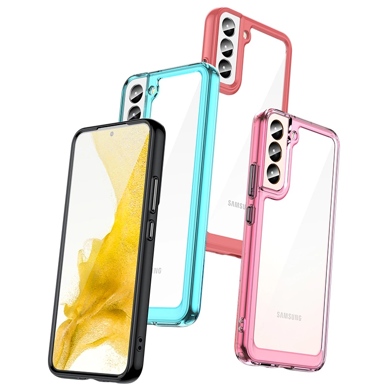 Na obrazie widoczne są trzy etui na telefon z elastyczną ramką w kolorach czarnym, niebieskim i różowym. Każde etui ma przezroczysty tył i wycięcia na aparat oraz przyciski boczne.