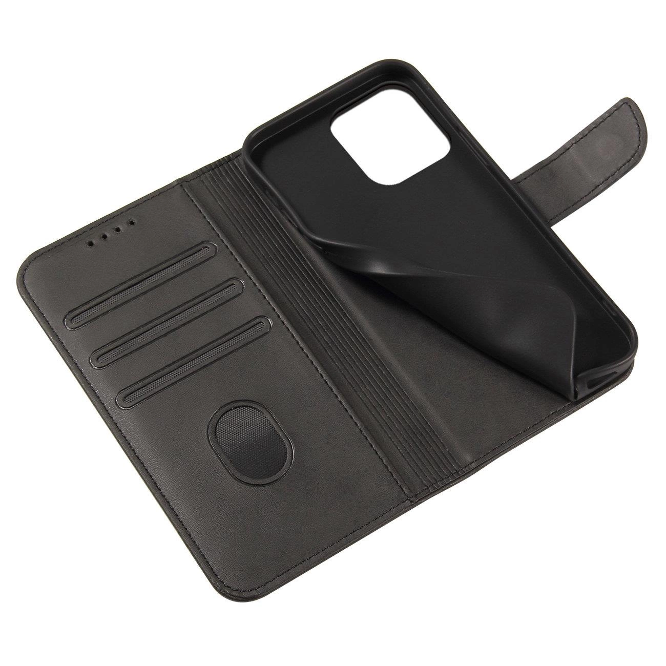 Czarne etui z klapką i portfelem, posiada trzy kieszenie na karty oraz miejsce na telefon z wycięciem na aparat.