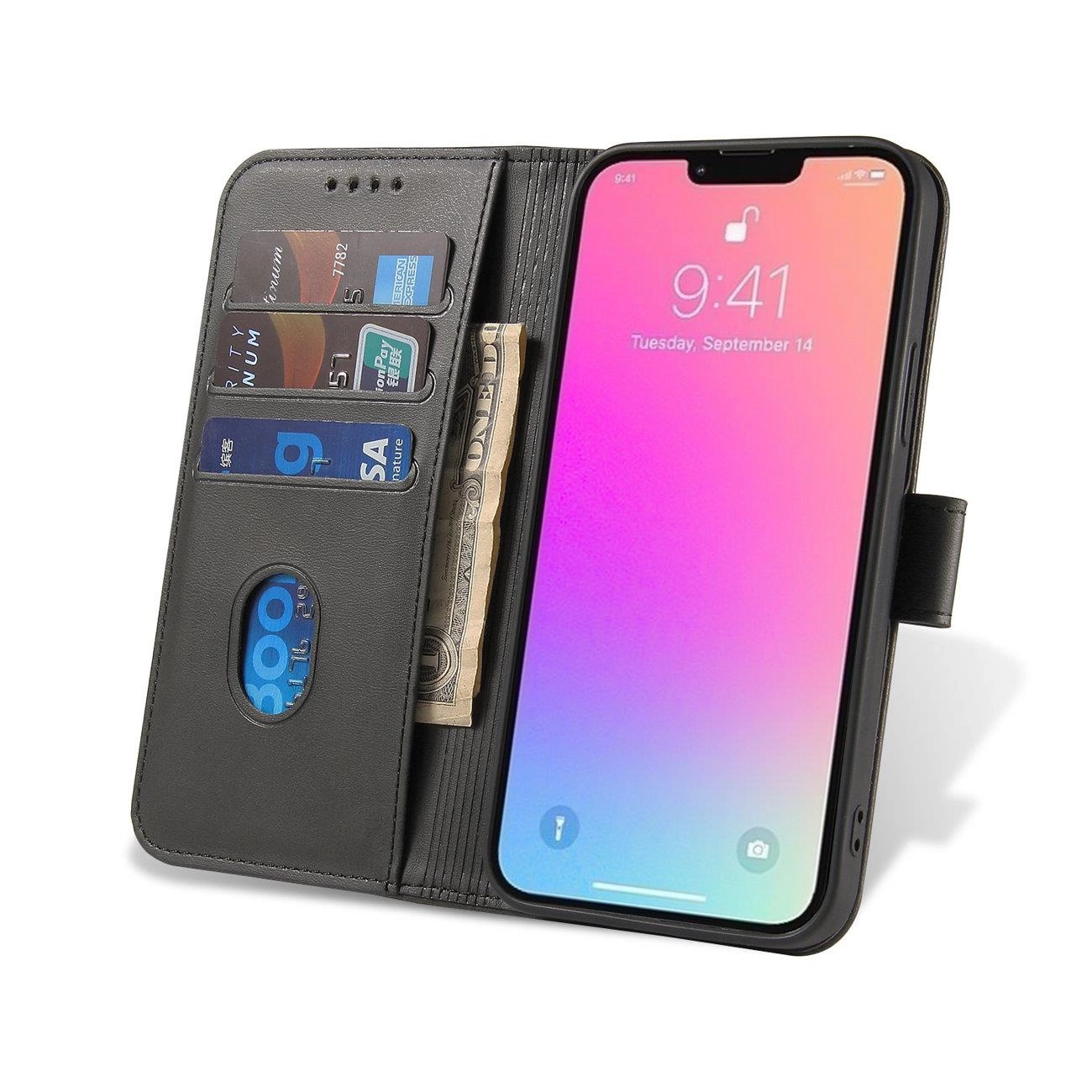 Czarne etui z klapką na telefon, z miejscem na karty i banknoty. Telefon w etui wyświetla godzinę 9:41 i datę Tuesday, September 14.