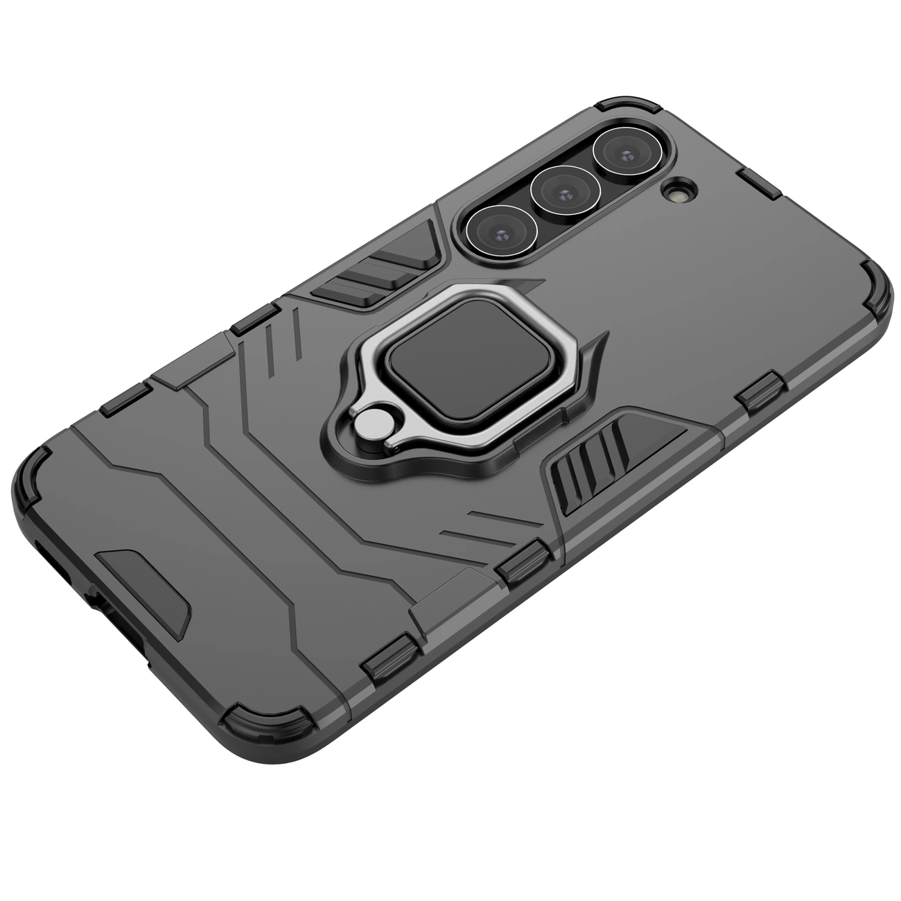 Czarne etui ochronne z magnetycznym uchwytem i wzorem geometrycznym, przeznaczone do telefonu z trzema obiektywami aparatu.