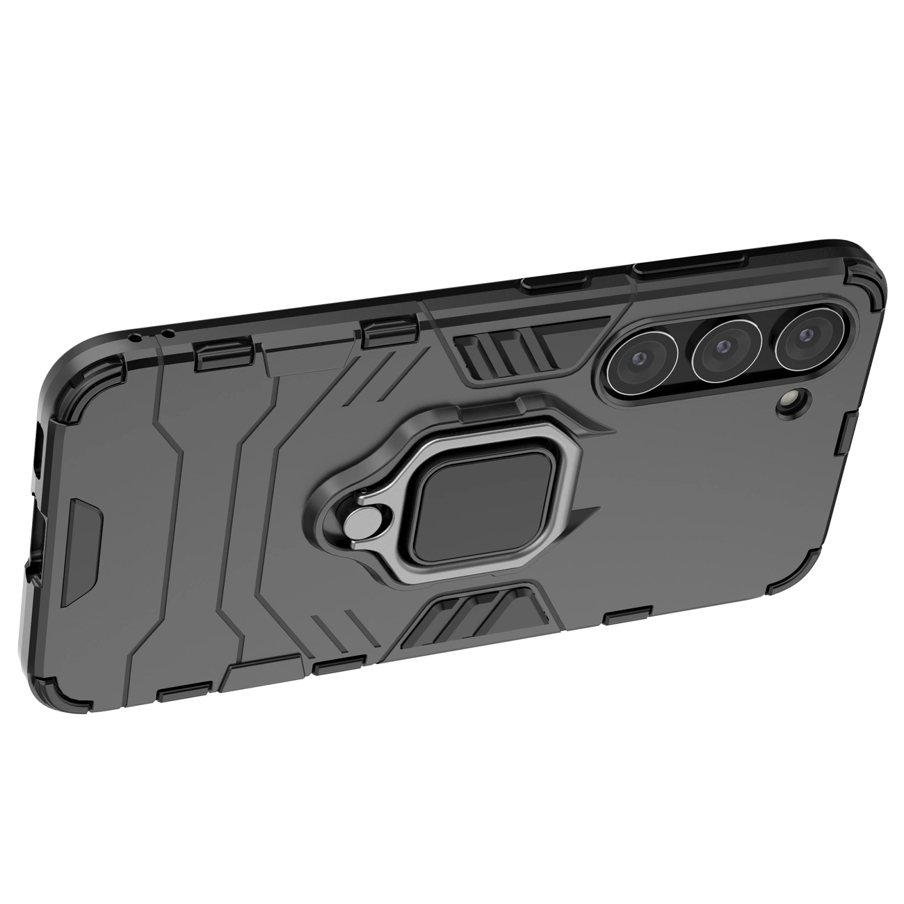 Czarne etui ochronne z magnetycznym uchwytem na telefon, posiada wycięcia na trzy obiektywy aparatu i dodatkowy otwór. Powierzchnia etui ma geometryczne wzory i wzmocnione narożniki.