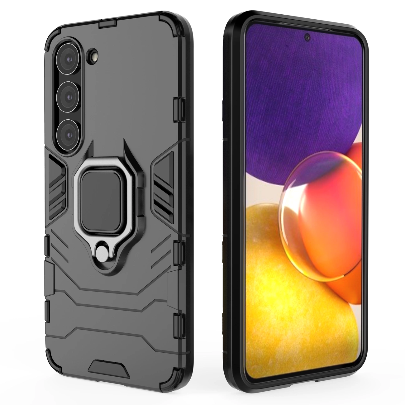 Obraz przedstawia czarne etui ochronne z uchwytem magnetycznym, przeznaczone do telefonu Samsung Galaxy S23. Etui ma pancerne wykończenie z geometrycznymi wzorami i otworem na aparat z trzema obiektywami.