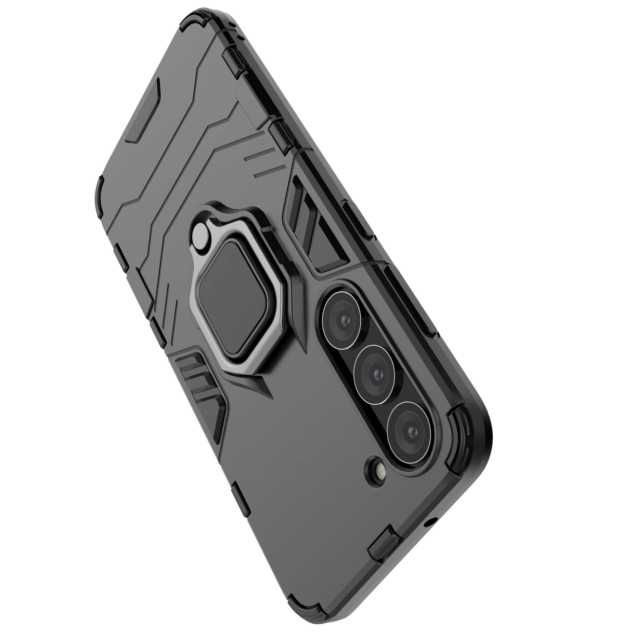 Czarne etui ochronne z geometrycznym wzorem i magnetycznym uchwytem na tylnej stronie, przeznaczone do telefonu z trzema widocznymi obiektywami aparatu.