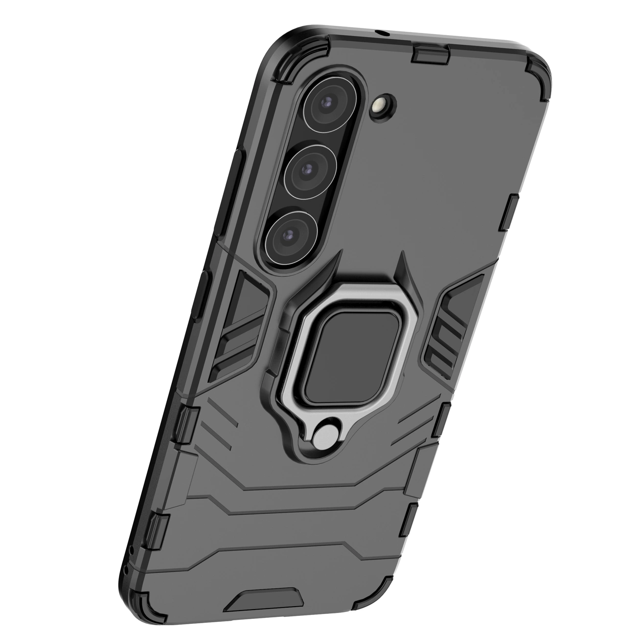 Czarne etui ochronne z uchwytem magnetycznym, przeznaczone do telefonu z trzema obiektywami aparatu. Etui ma pancerne wykończenie z geometrycznymi wzorami.