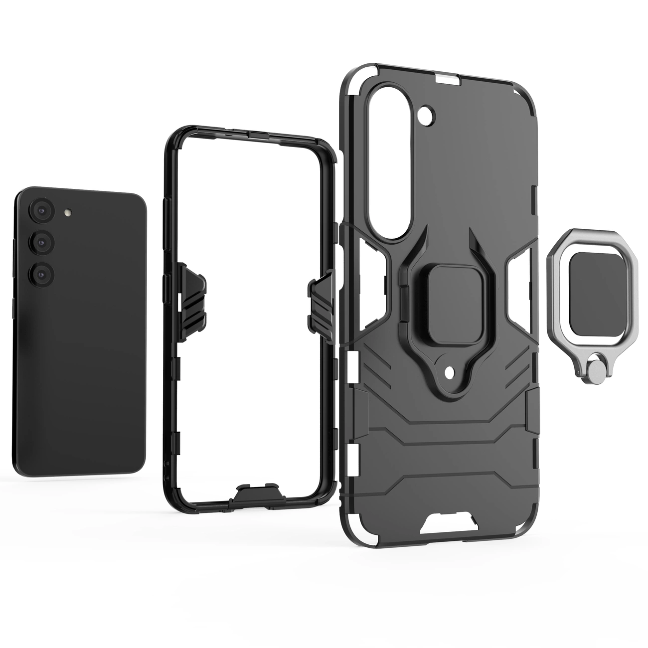 Obraz przedstawia czarne etui ochronne z uchwytem magnetycznym, przeznaczone do telefonu Samsung Galaxy S23. Etui ma pancerną konstrukcję z wycięciami na aparat i przyciski.