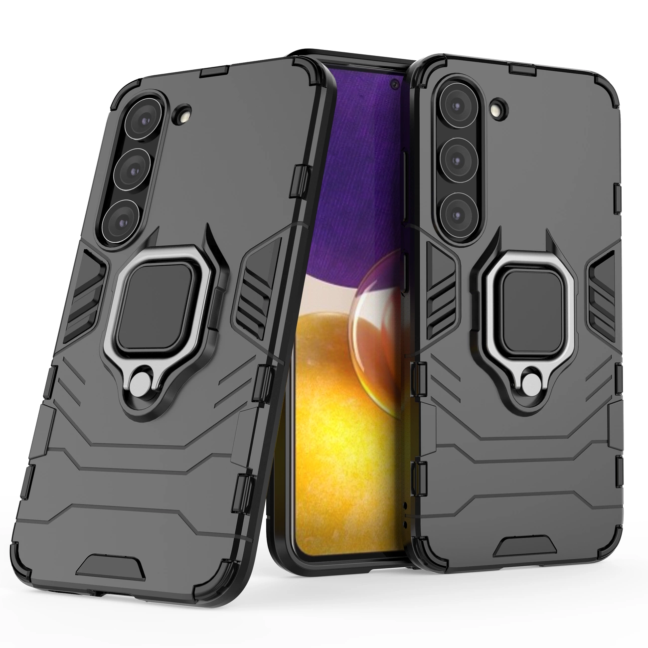 Czarne etui ochronne z magnetycznym uchwytem na telefon, z widocznymi trzema otworami na aparat i wzorem geometrycznym. Obok etui znajduje się telefon z kolorowym ekranem.