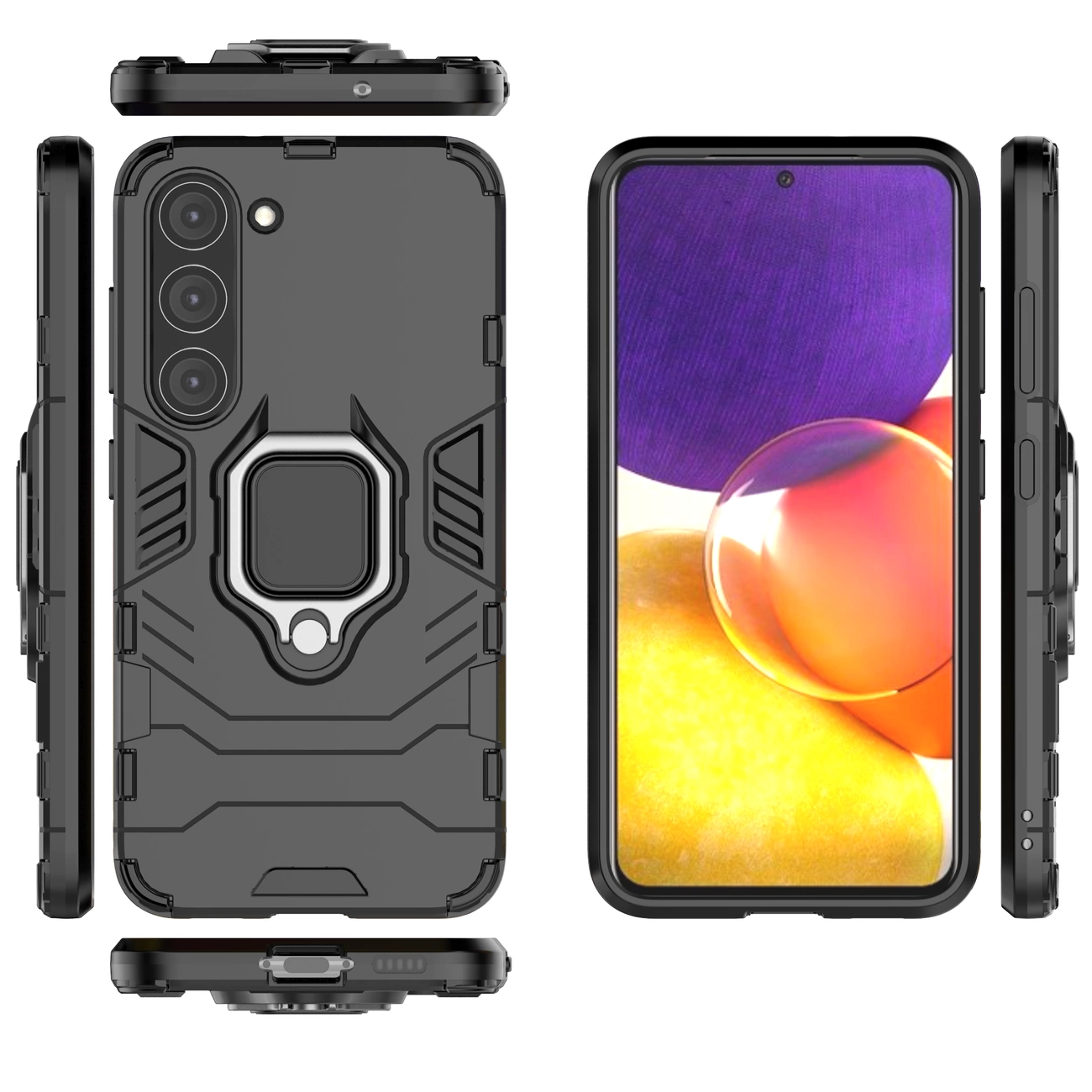 Obraz przedstawia czarne etui ochronne z uchwytem magnetycznym, przeznaczone do telefonu Samsung Galaxy S23. Etui ma pancerną konstrukcję z wyraźnymi liniami i otworem na aparat z trzema obiektywami.