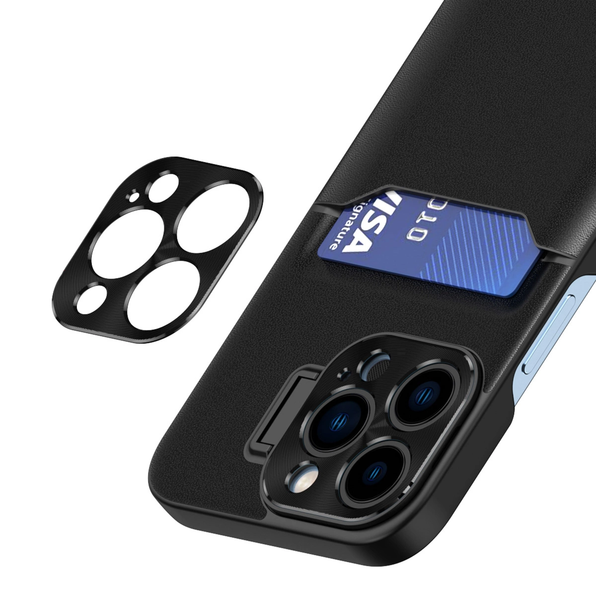 Czarne etui na telefon z miejscem na kartę, w którym widoczna jest niebieska karta z napisem \'VISA\'. Obok znajduje się czarna nakładka na aparat z trzema okrągłymi otworami.
