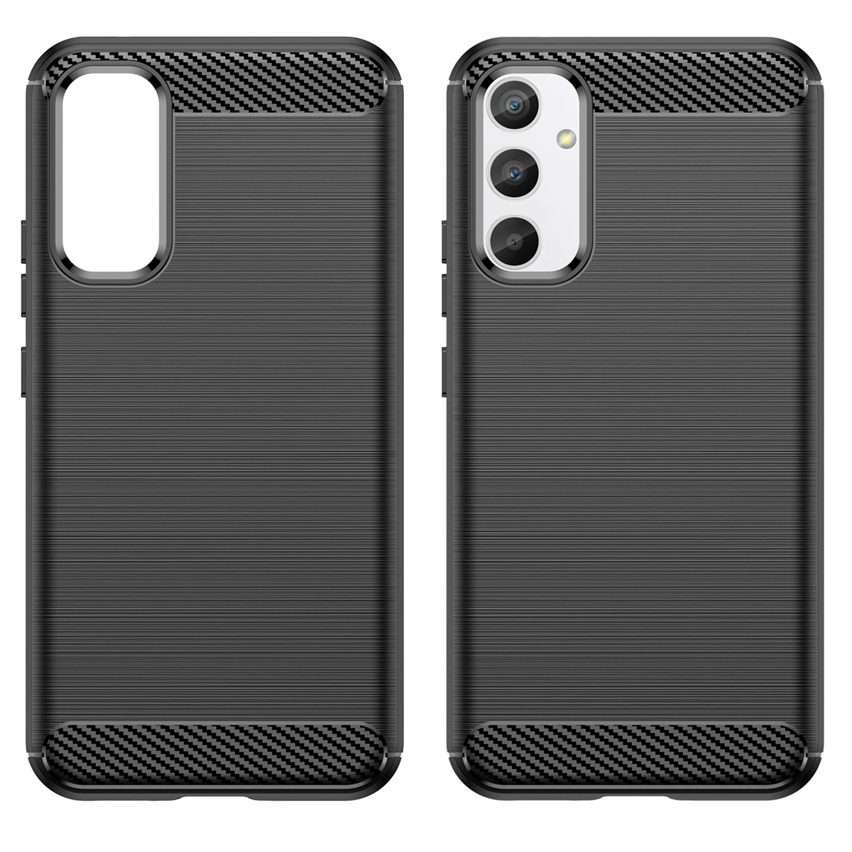 Obraz przedstawia czarne etui na telefon z teksturą karbonową na górze i dole. Etui ma wycięcia na aparat i przyciski boczne.
