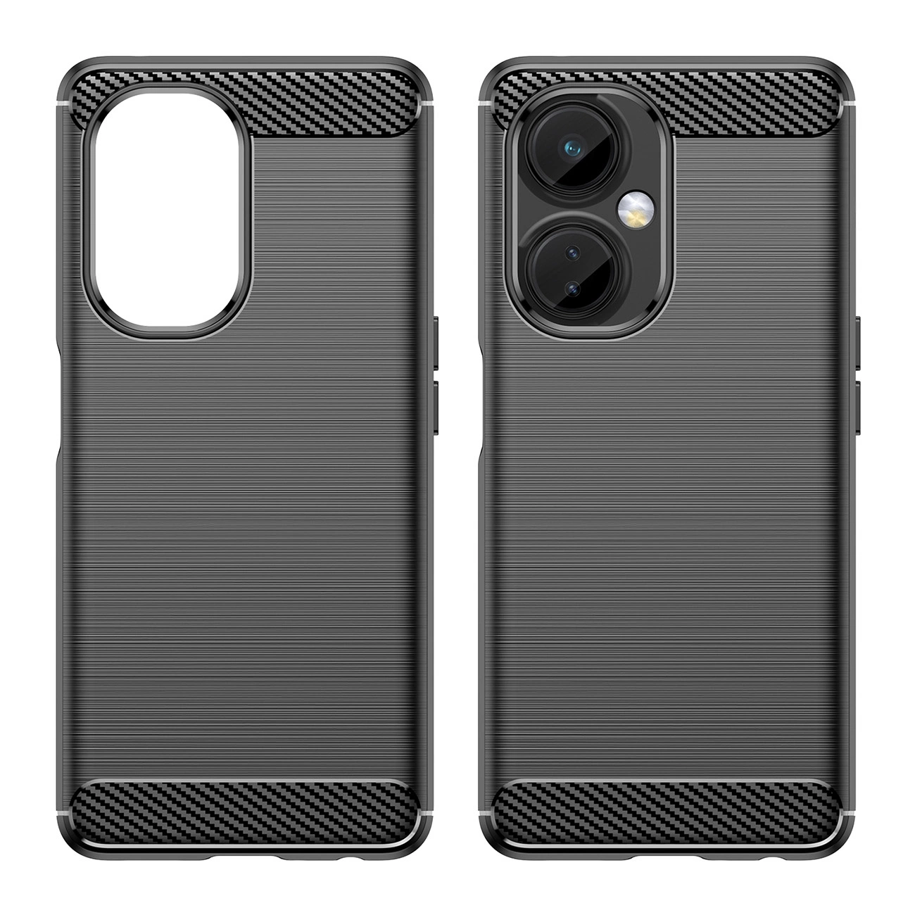 Obraz przedstawia czarne etui na telefon z teksturą przypominającą karbon. Etui ma wycięcia na aparat i przyciski, a na górze i dole widoczne są wstawki z wzorem w kratkę.