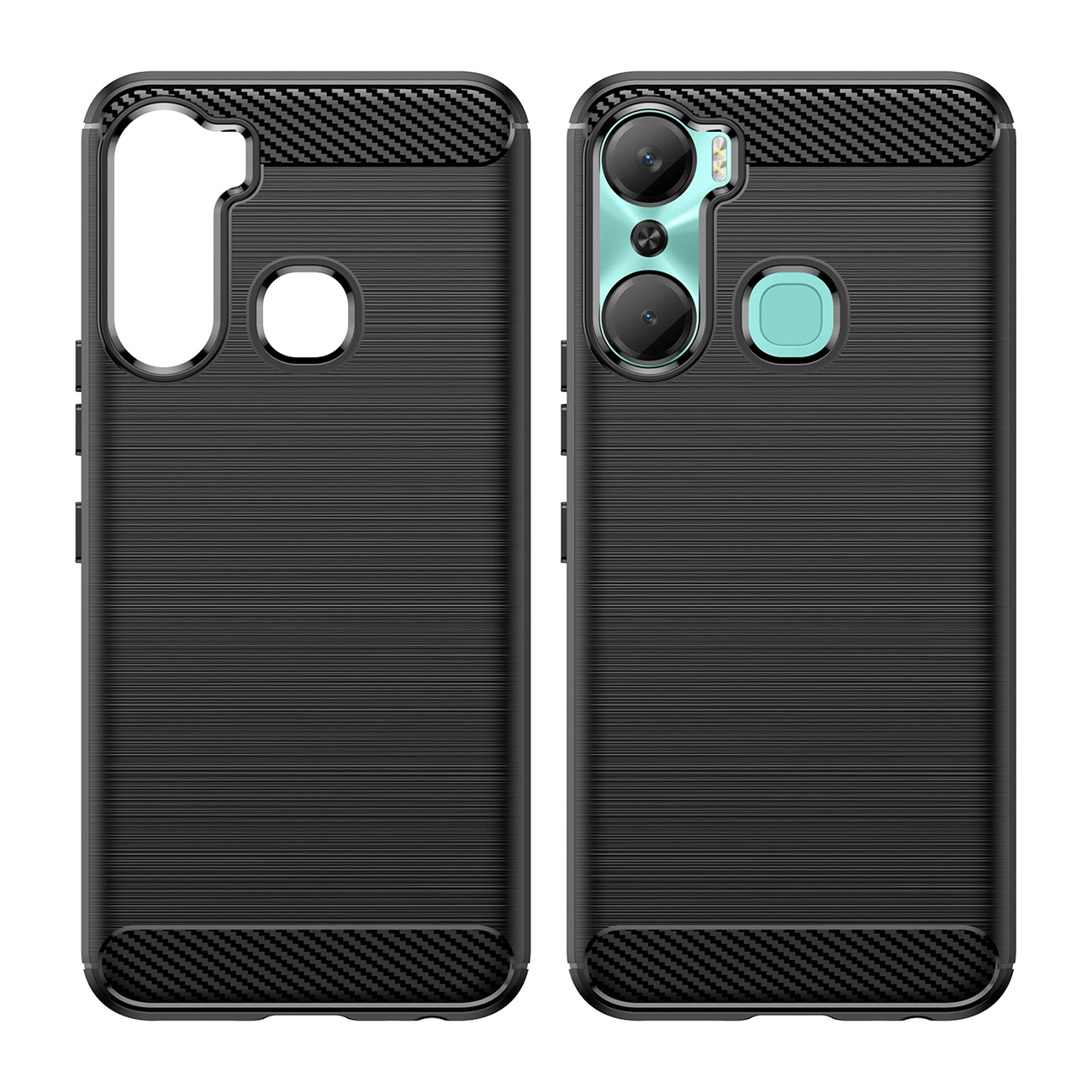Obraz przedstawia czarne etui na telefon z teksturą przypominającą karbon, z wycięciami na aparat i czytnik linii papilarnych. Etui ma elastyczną konstrukcję z widocznymi detalami na górze i dole.