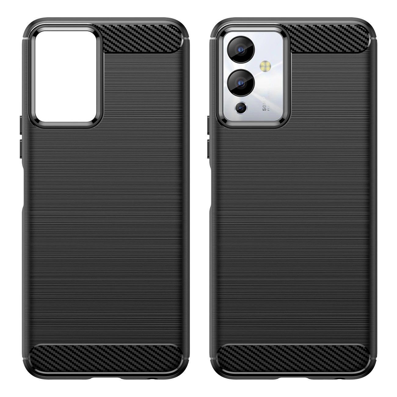 Obraz przedstawia czarne etui na telefon z teksturą przypominającą karbon, z wycięciami na aparat i przyciski. Etui ma gładką powierzchnię z delikatnymi poziomymi liniami oraz wzmocnienia na górze i dole.